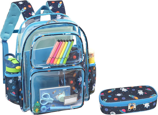 Bagseri 2pcs Clear Backpack for Boys - 15 Inch Backpack and Pencil Case Set, Heavy Duty Transparent Bookbag for School, See Through Bag for Kids Aged 3 to 8, Navy Space