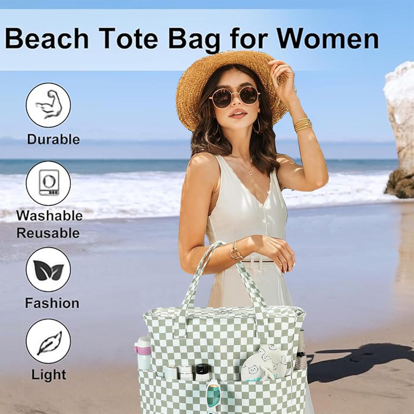 LEDAOU Beach Bag Waterproof Sandproof Women Tote Bag Pool Bag with Zipper for Gym Grocery Travel