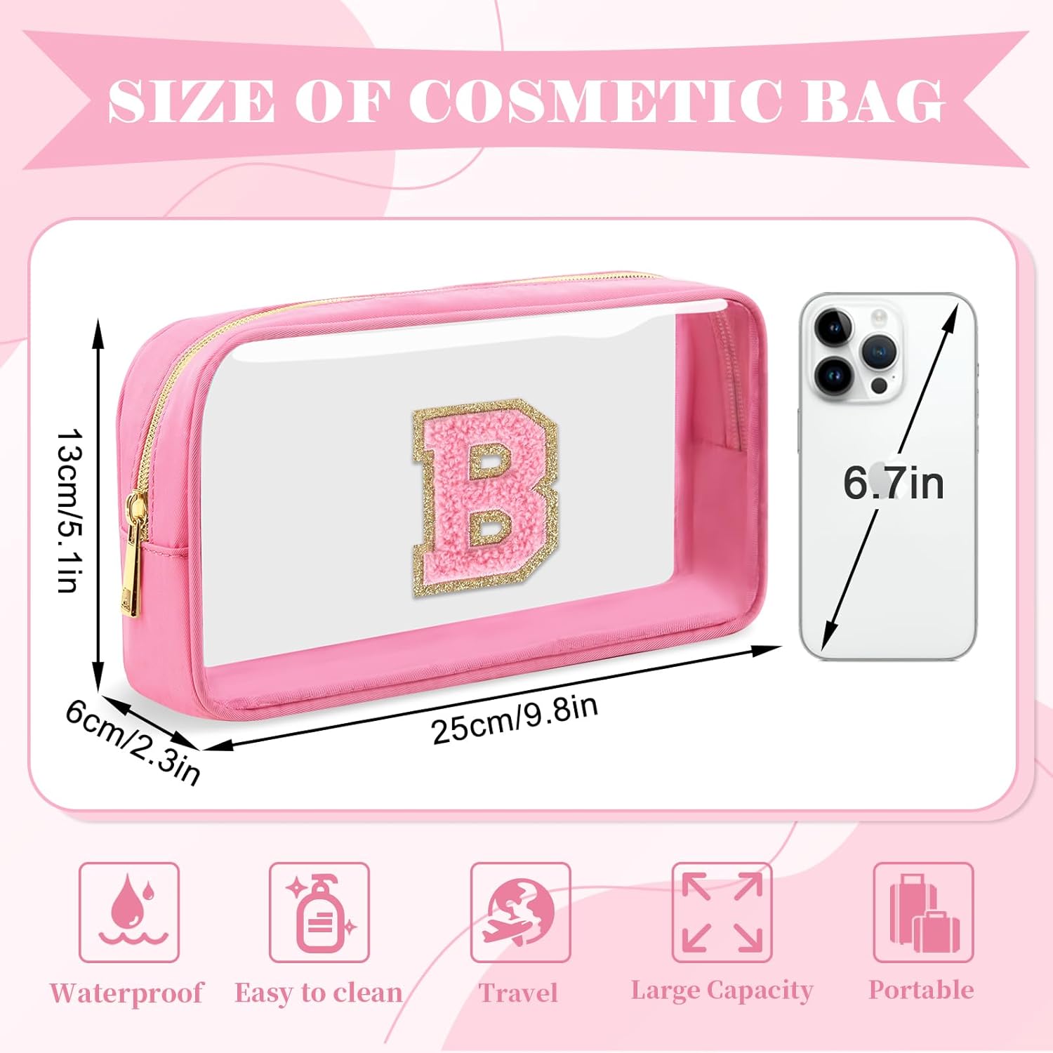 Personalized Initial Letter Clear Makeup Bag,Preppy Small Nylon&PVC Cosmetic Zipper Bag with