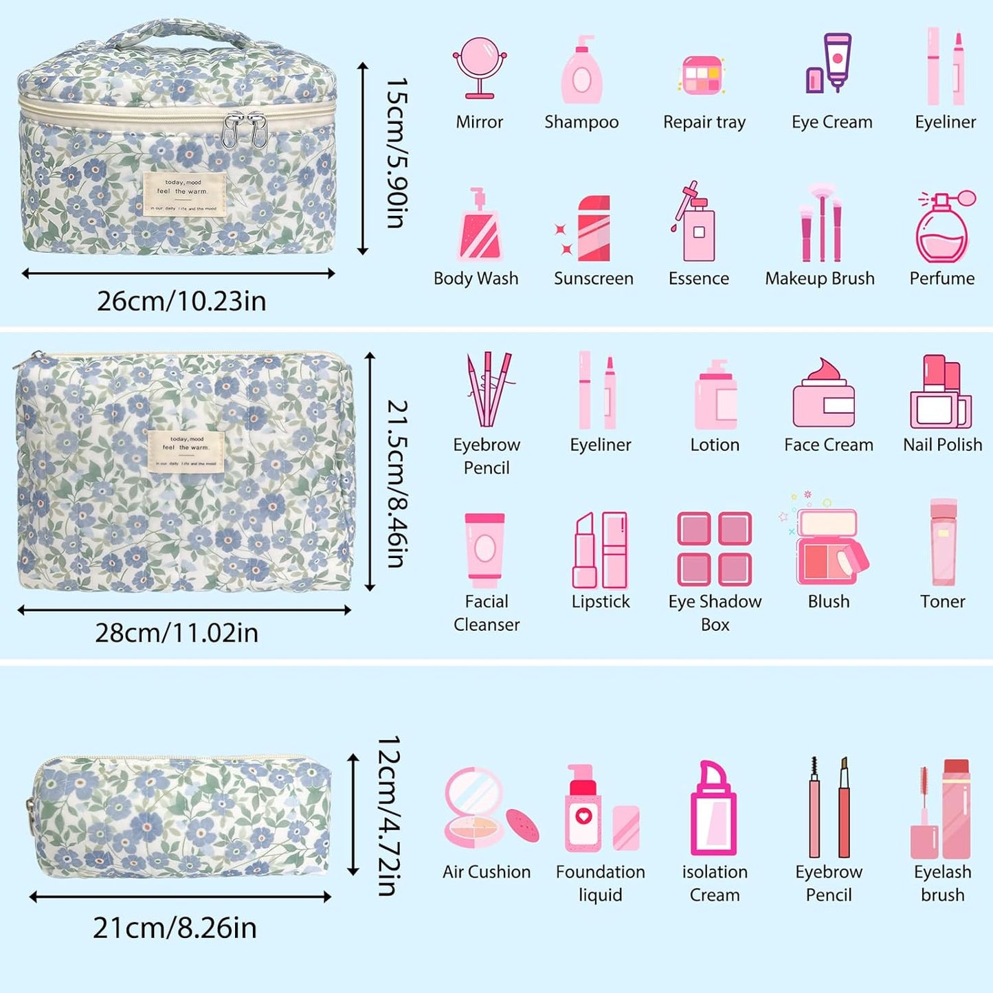 Quilted Makeup Bag, Large Capacity Travel Cosmetic Bag for Women and Girls, Aesthetic Storage for Daily and Travel Use (3pcs-ditsyfloral)