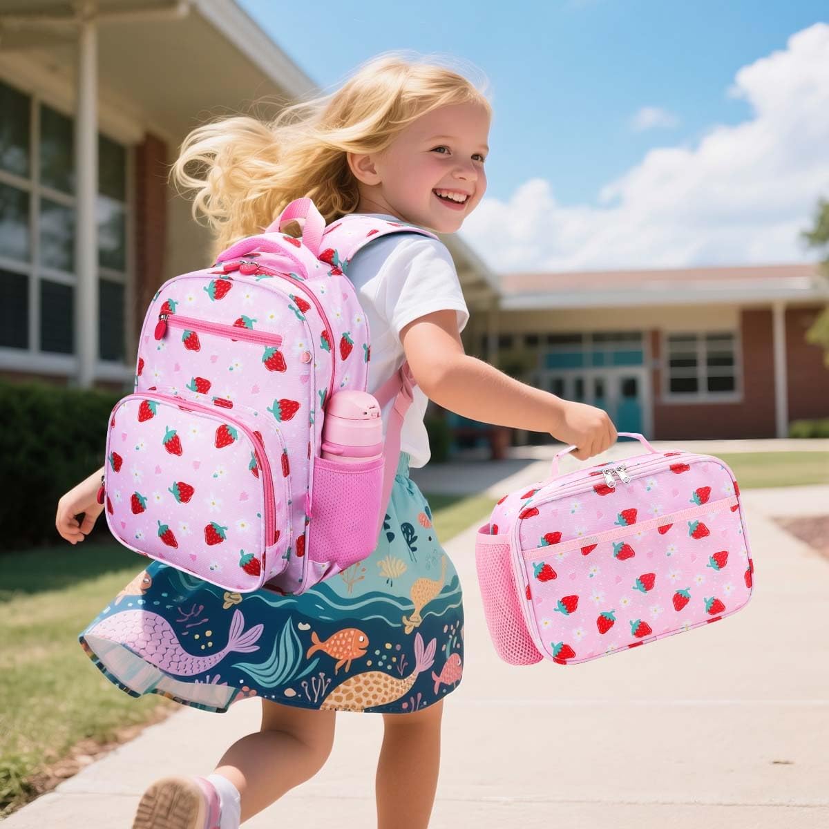 RHCPFOVR Kids Backpack for Girls - Girls Backpack 3-8 Ages Strawberry for Kids 15 Inch School Bookbag for Kindergarten Elementary School Bookbag for Girl 1st 2nd Grade