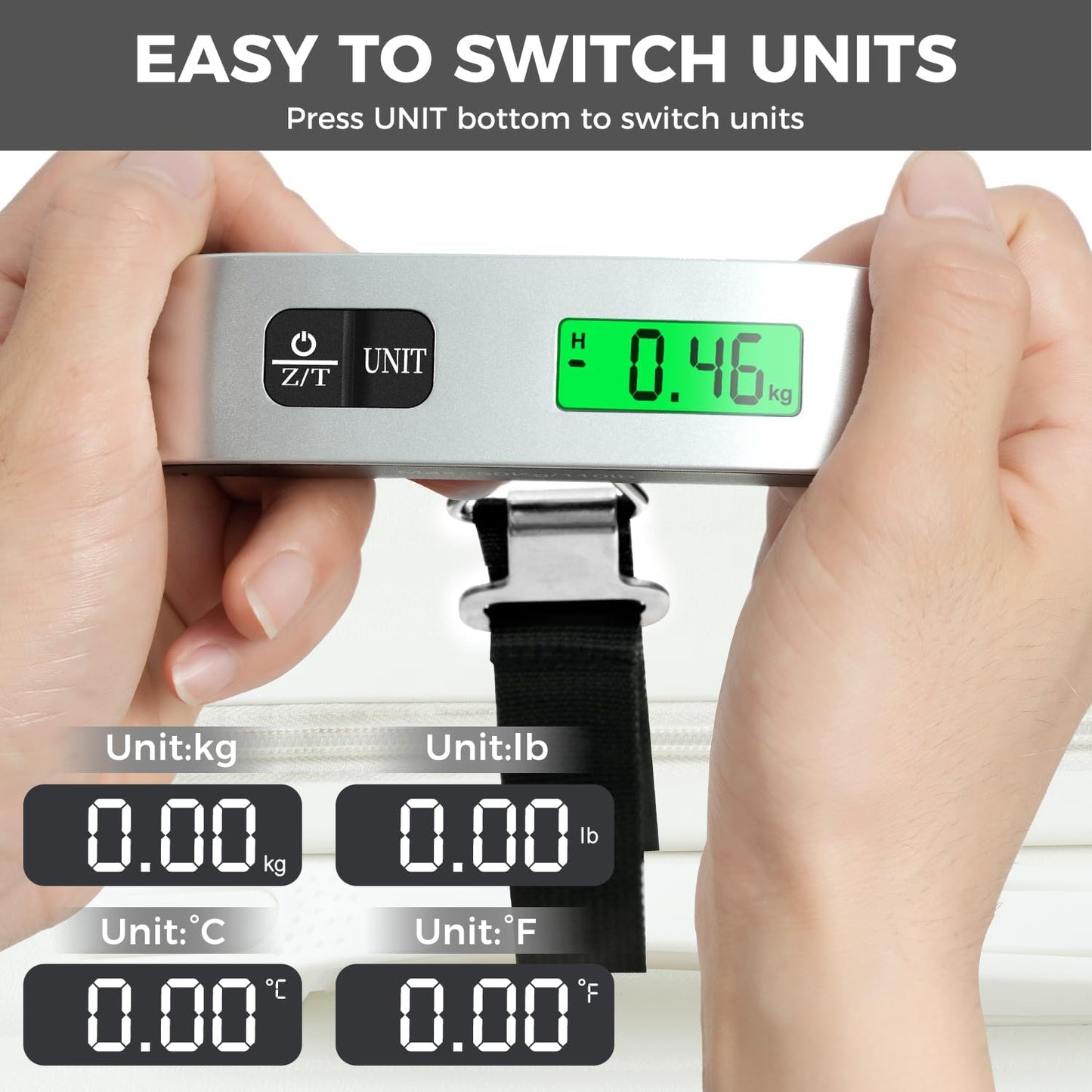 BAGAIL Digital Luggage Scale, 110lbs Hanging Baggage Scale with Backlit LCD Display, Portable Suitcase Weighing Scale, Travel Luggage Weight Scale with Hook, Strong Straps for Travelers
