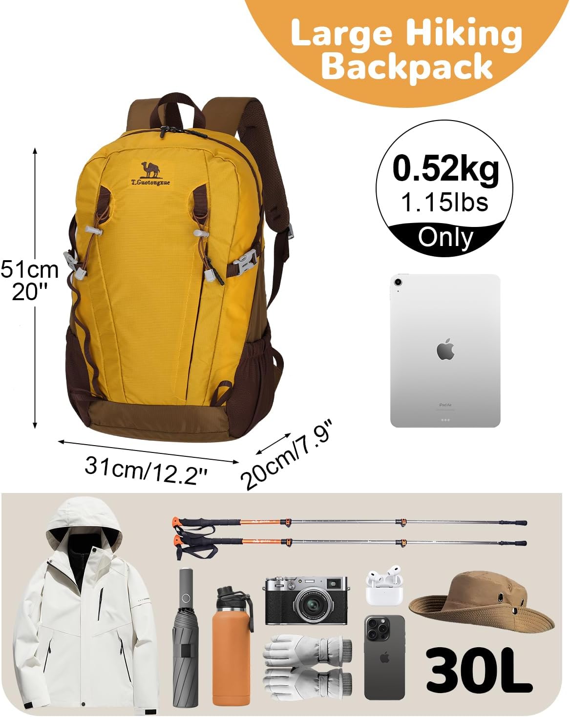 30L Samll Waterproof Hiking Backpack with Chest Strap for Men Women, Lightweight Climbing Daypack, Yellow