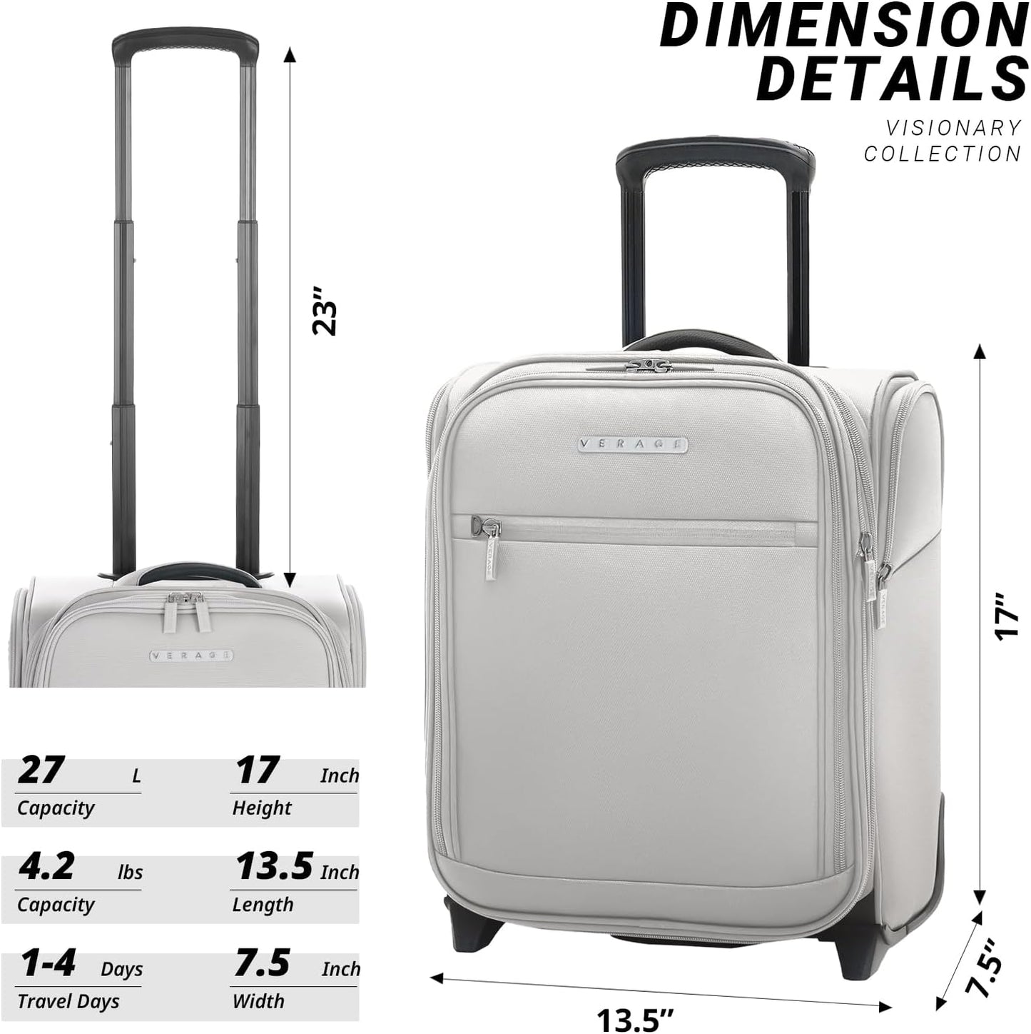 Verage Carry On Underseat Luggage with 2 Wheels & USB Port, 16 Inch Cloud Gray Wheeled Spinner Bag Carry-on Luggages for Airlines, Lightweight Suitcase Men Women, Pilots and Crew