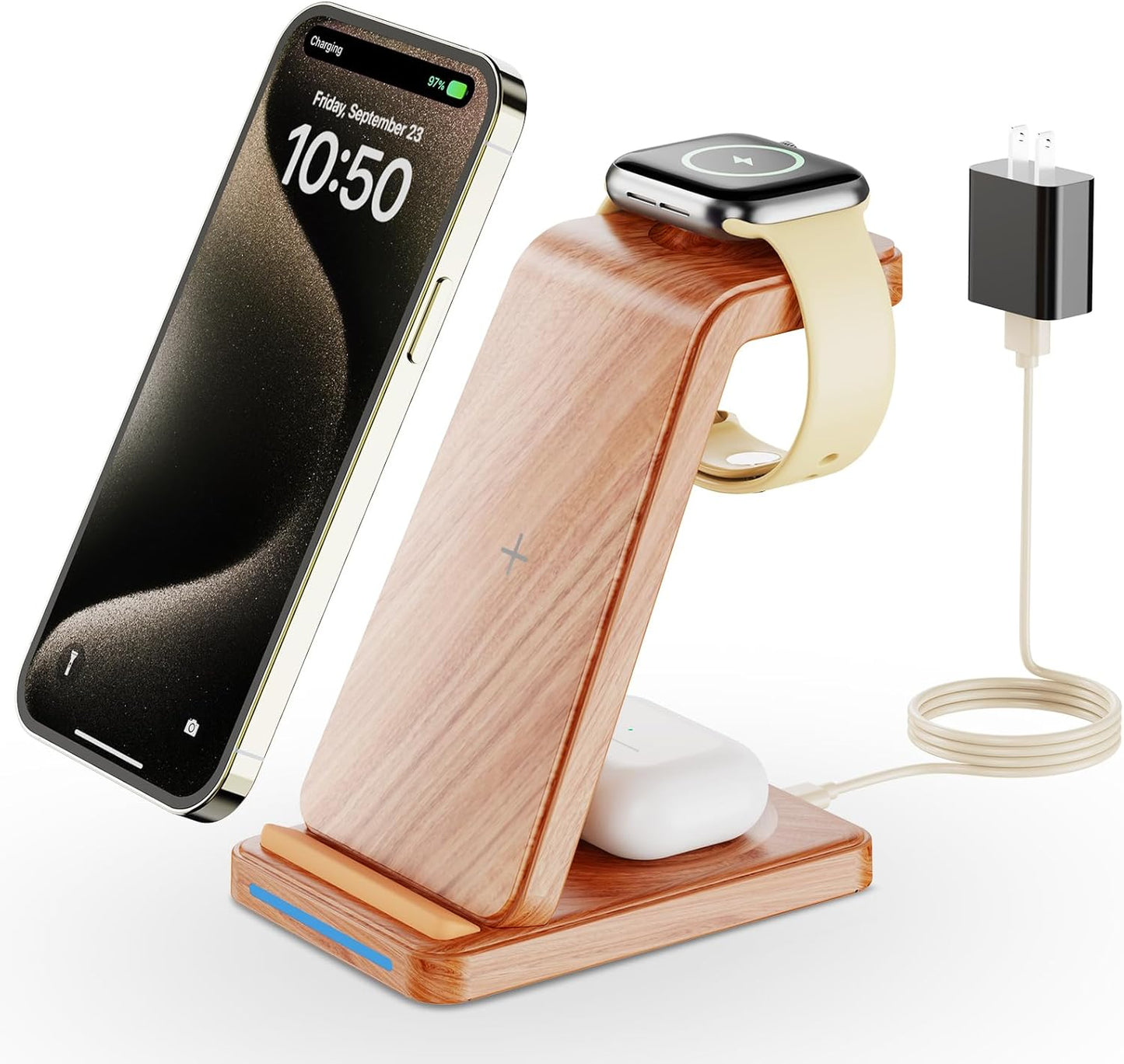 Wireless Charging Station, 3 in 1 Wireless Charger Stand for Multiple Apple Devices, Charging Dock for iPhone 16 15 14 13 12 11 Pro Max XS 8, Apple Watch 8 7 6 SE 5 4 3 2, 3/2/Pro, Wood