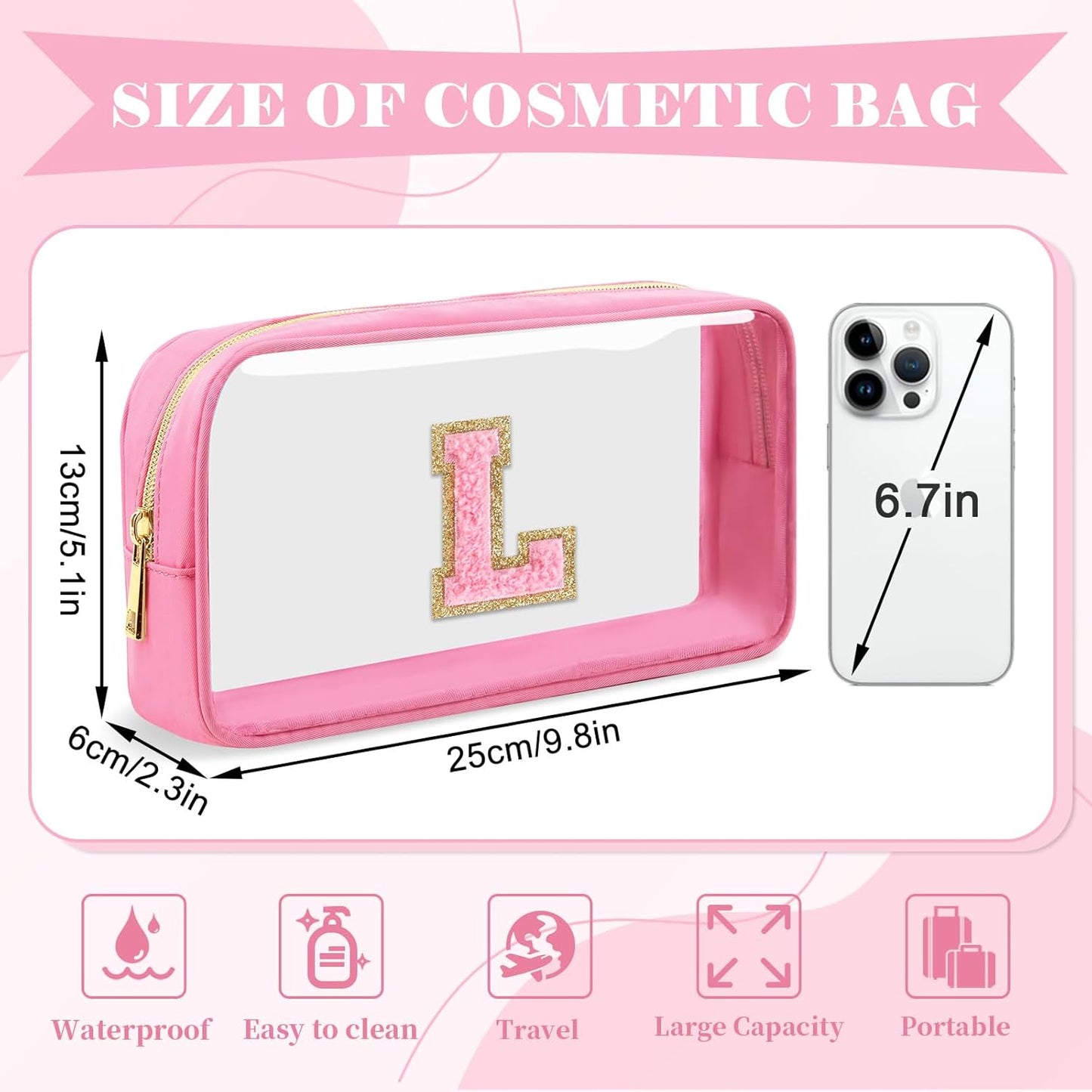 Personalized Initial Letter Clear Makeup Bag,Preppy Small Nylon&PVC Cosmetic Zipper Bag with Chenille Letter,Portable Beach Travel Skincare Toiletry Bag,Trendy Monogram Gift for Teen Girls Women,L