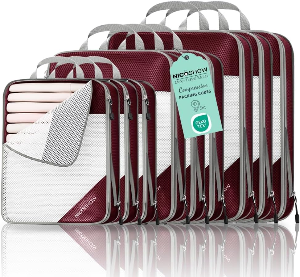 9 Set Compression Packing Cubes for Travel - Compressible, Lightweight, and Space-Saving Packing Cubes, Travel Essentials for Women, Wine