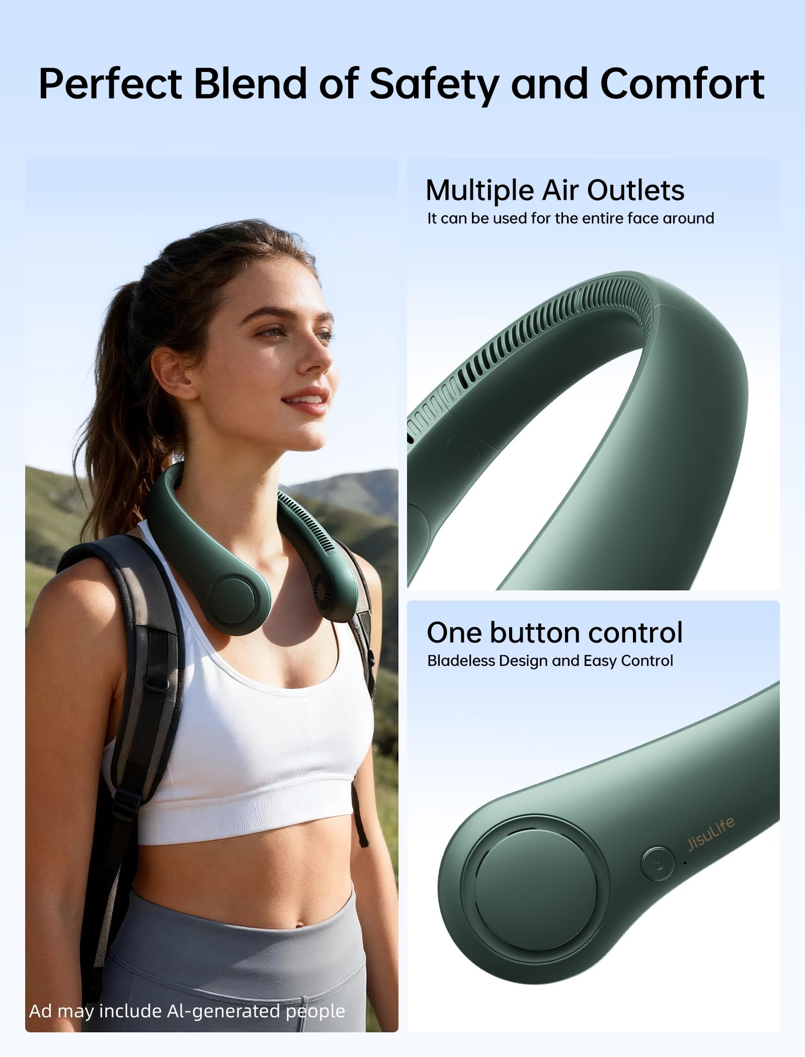 JISULIFE Portable Neck Fan, Hands Free Bladeless Fan, 5 Speeds, 4000 mAh