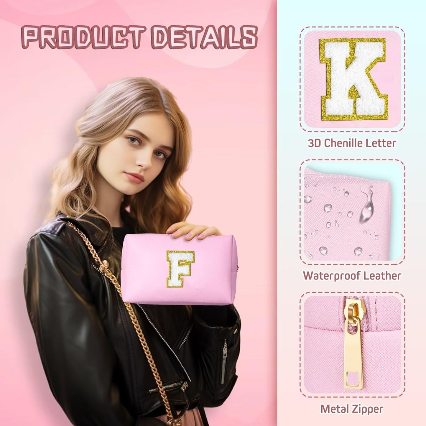 TOPEAST Initial Makeup Bag for Women, Travel Small Cosmetic Bag Cute Pink Personalized Preppy Makeup Pouch, Birthday Travel Gifts for Women (Pink S)