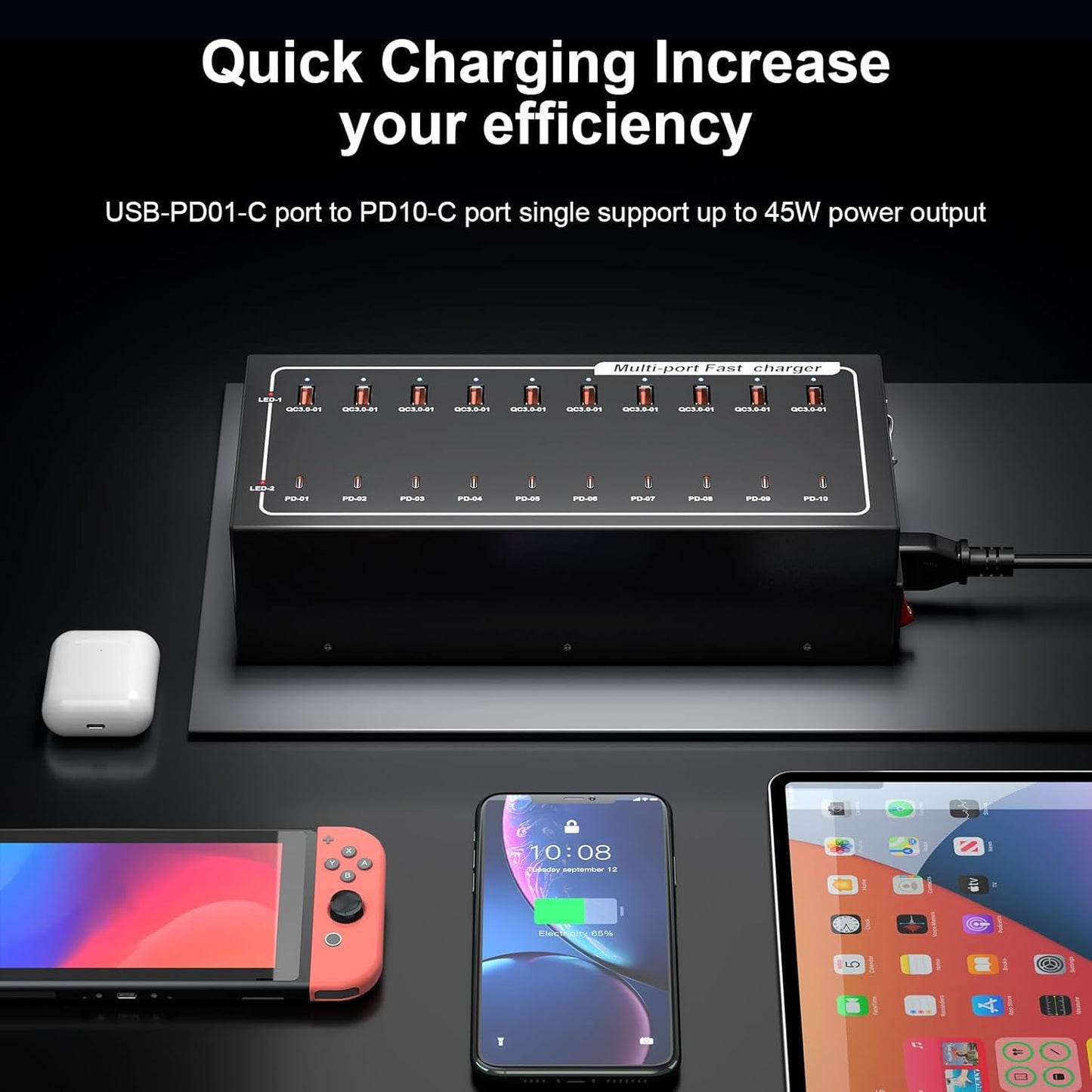 400W USB Charging Station for Multiple Devices, (10 USB C+10 USB A), USB-C Port Supports PD Quick Charge Compatible with iPhone, Smartphones, Tablets and Other Devices (Black)