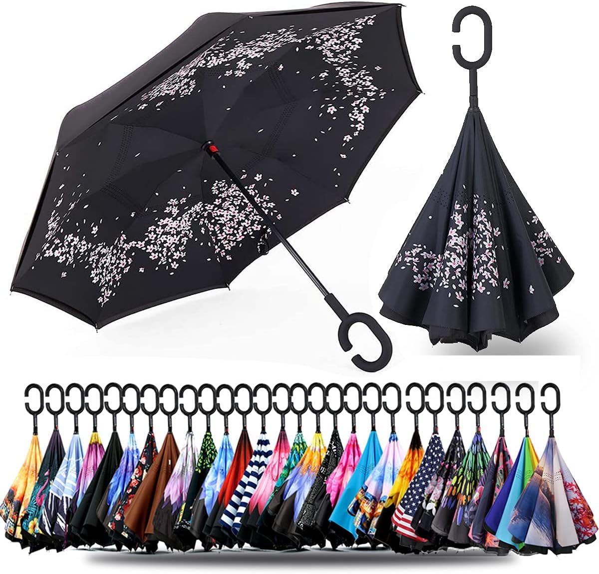 SIEPASA 49/56 Inch Inverted Reverse Upside Down Umbrella, Extra Large Double Canopy Vented Windproof Waterproof Stick Golf Umbrellas with C-shape Handle.