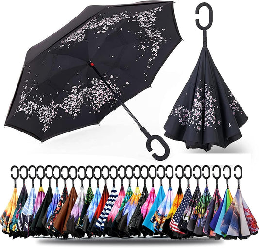 SIEPASA 49/56 Inch Inverted Reverse Upside Down Umbrella, Extra Large Double Canopy Vented Windproof Waterproof Stick Golf Umbrellas with C-shape Handle.
