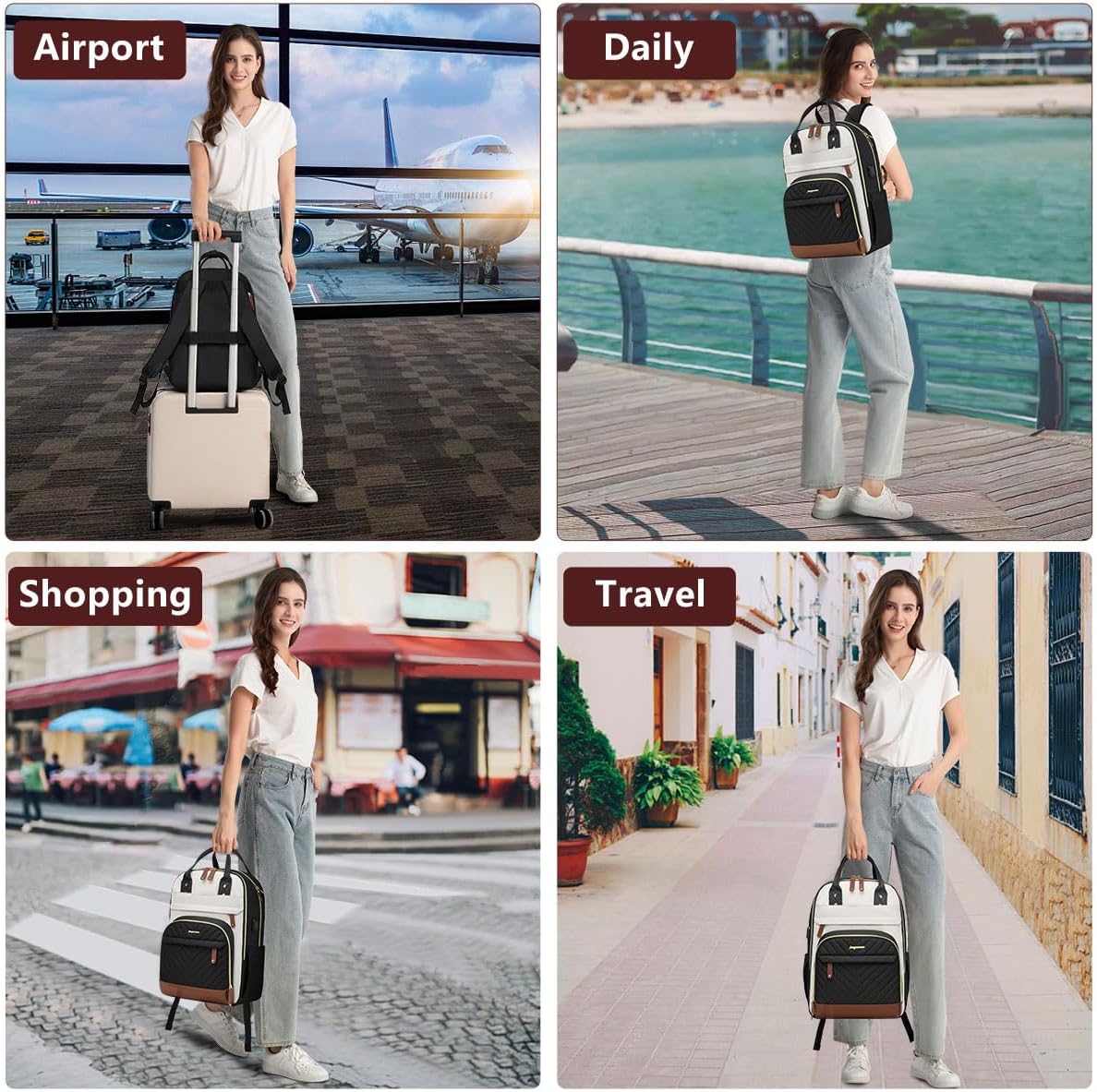 Laptop Backpack for Women Work Bookbag: 18 Inch College Backpacks with USB Charger School Book Bag Waterproof Travel Back Pack Anti-Theft Casual Bookbags for Girls Teacher Nurse Beige Black Brown