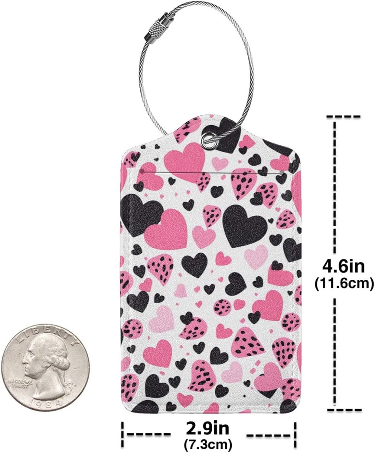 Pink Black Hearts Leather Luggage Tags with Stainless Steel Loop 2 Pack Suitcase Tags Travel Luggage Identifiers for Suitcases Privacy Cover Name Tag for Kids Adult