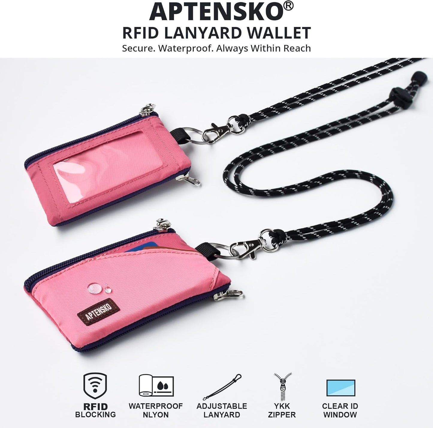 RFID Travel Wallet with Adjustable Lanyard-Zipper Small Wallet with ID Card Holder, Keychain for women&men-Minimalist Slim Waterproof Nylon case for ID, Cash, Key (Pink+RosePink)