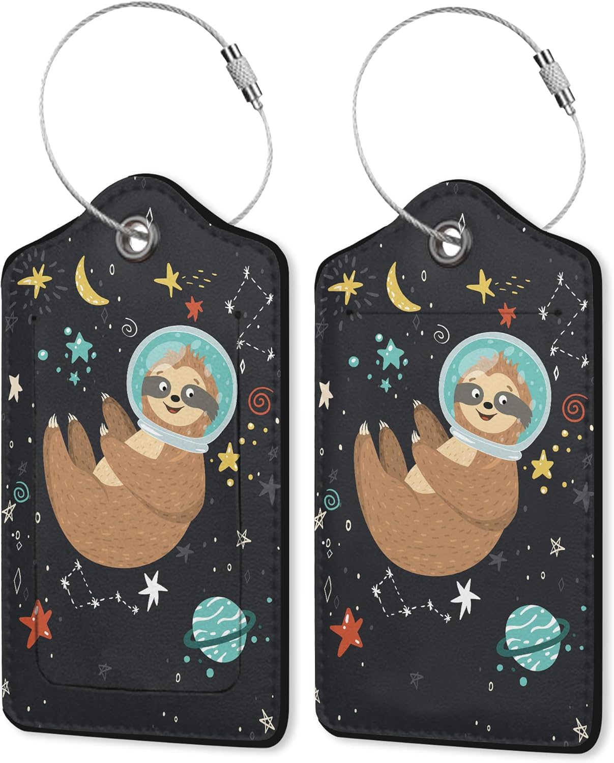 2 Pack PU Leahter Luggage Tag with Stainless Steel Loop,Sloth Space Travel Luggage Tag Travel Suitcase Labels with Privacy Cover ID Label Quickly Spot for Bags & Baggage