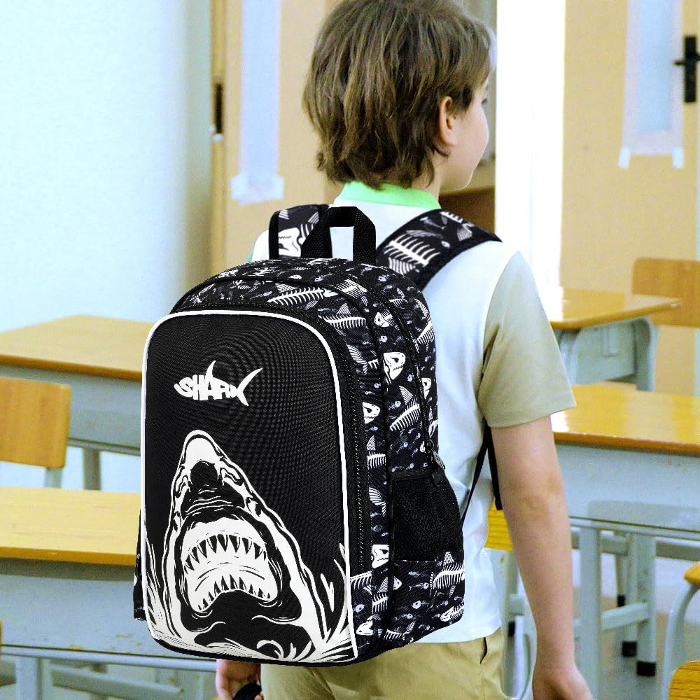 KLFVB 3PCS Shark Bookbag for Boys, Luminous School Backpacks with Lunch Box, 17" Water Resistant Kids Camo Bookbag for Middle Elementary Teens to School Travel - Luminous Shark