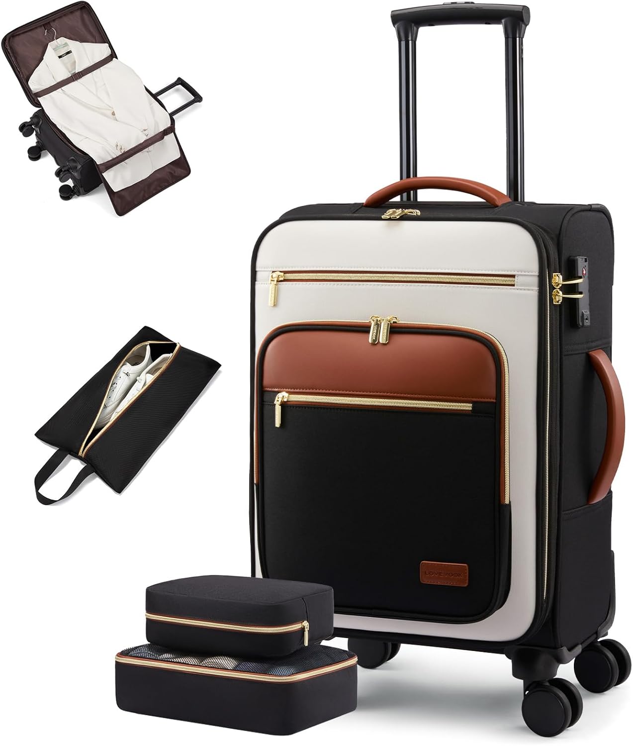LOVEVOOK Carry on Suitcase 22x14x9 Airline Approved,20 inch Lightweight Waterproof Suitcases with 360° silent swivel wheels, TSA Lock and Compartment, Large Capacity travel Suitcase Black-White-brown