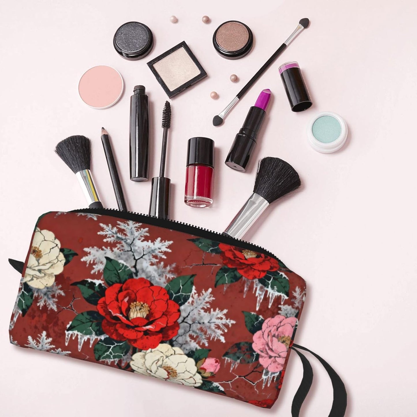 Burgundy Frosted Camellia Makeup Bag Organizer Compact & Durable Floral Travel Cosmetic Bag Oxford Fabric Impact-Resistant Multi-Purpose Storage Perfect for Travel, Gym, Daily Use