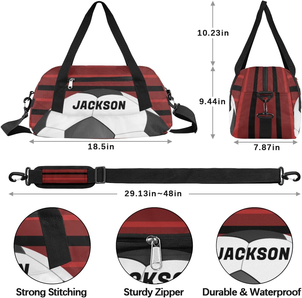 Football Ball Custom Name Kids Overnight Duffel Bags Boys Red Stripe Personalized Sport Gym Bag Customized Duffel Bag for Travel Weekender Practice Gymnastics