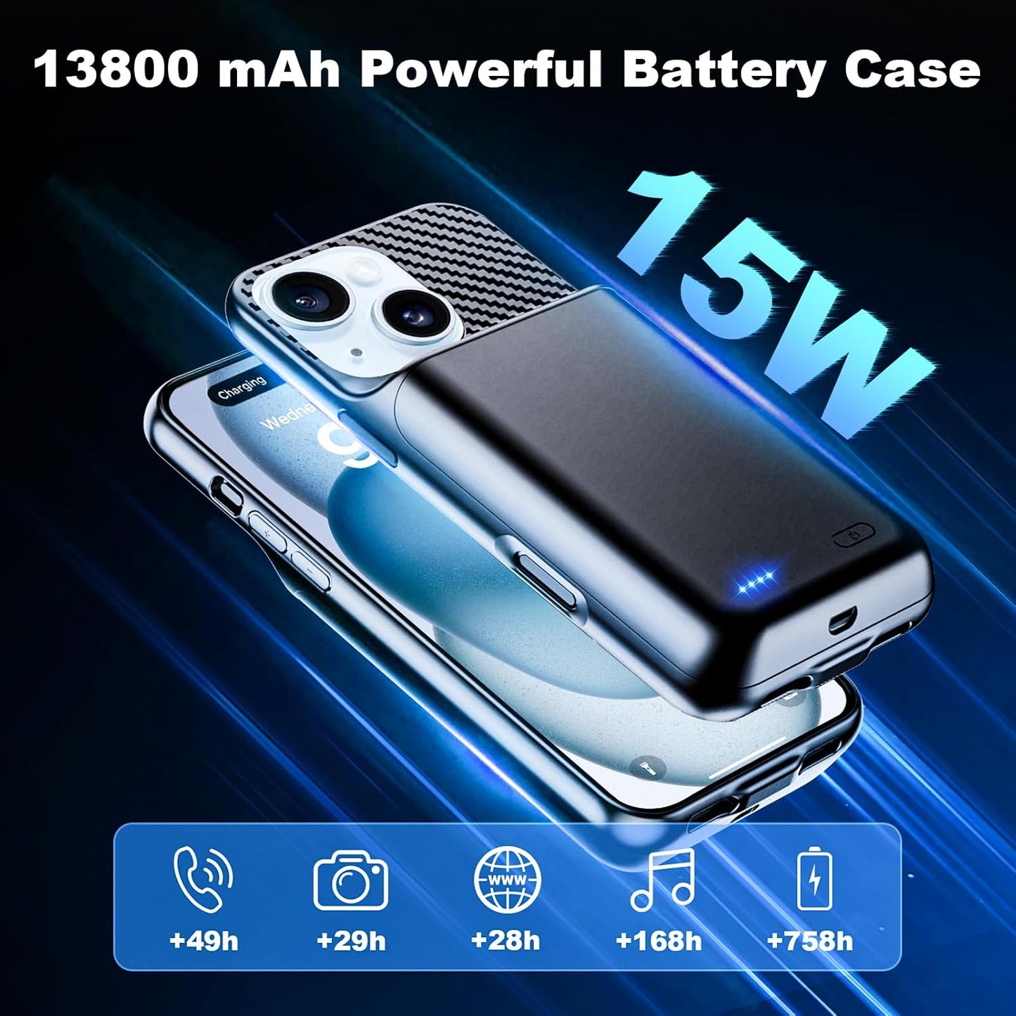 Battery Case for iPhone 15 Plus (6.7 inch), 2025 Upgraded High Capacity 13800mAh Battery Pack Rechargeable Charger External Charging Case with Tempered Glass Screen Protector Black