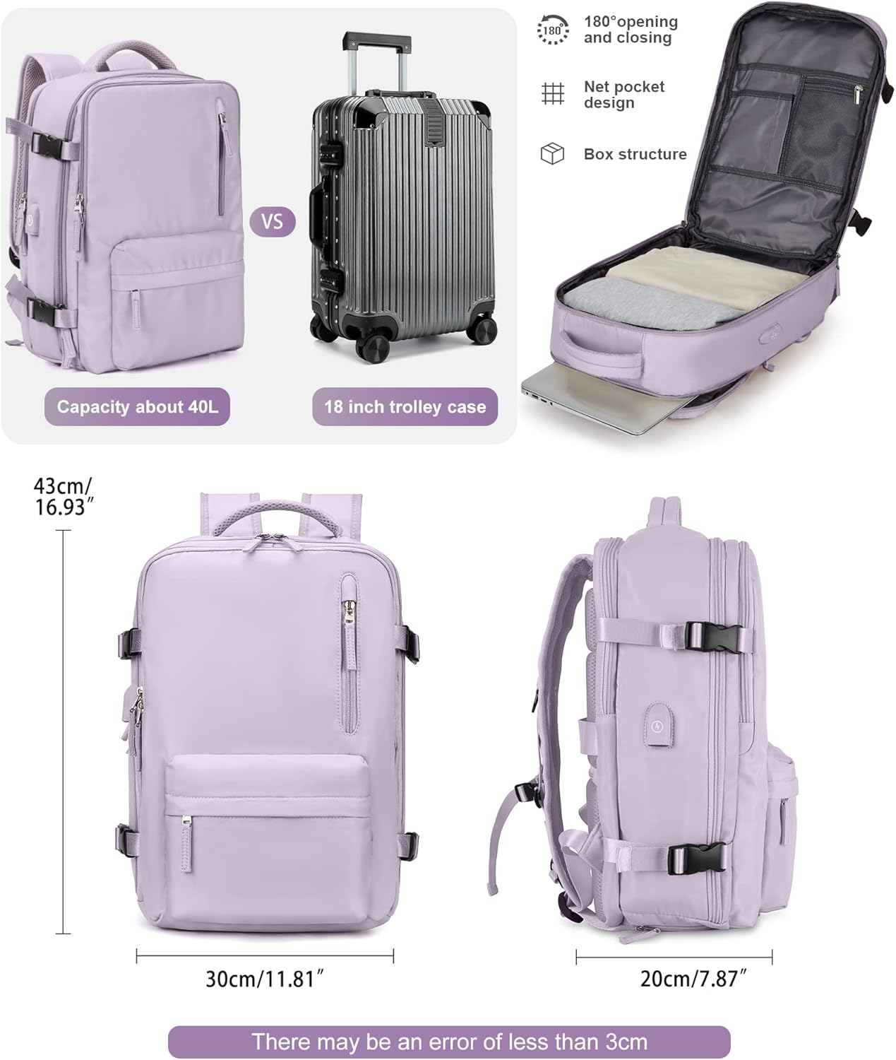 VGCUB Large Travel Backpack Bag for Women Men,Carry on Backpack,17 Inch Laptop Business Work Waterproof Backpack with Laptop Compartment,Person Item Flight Approved,Mochila de Viaje,Purple