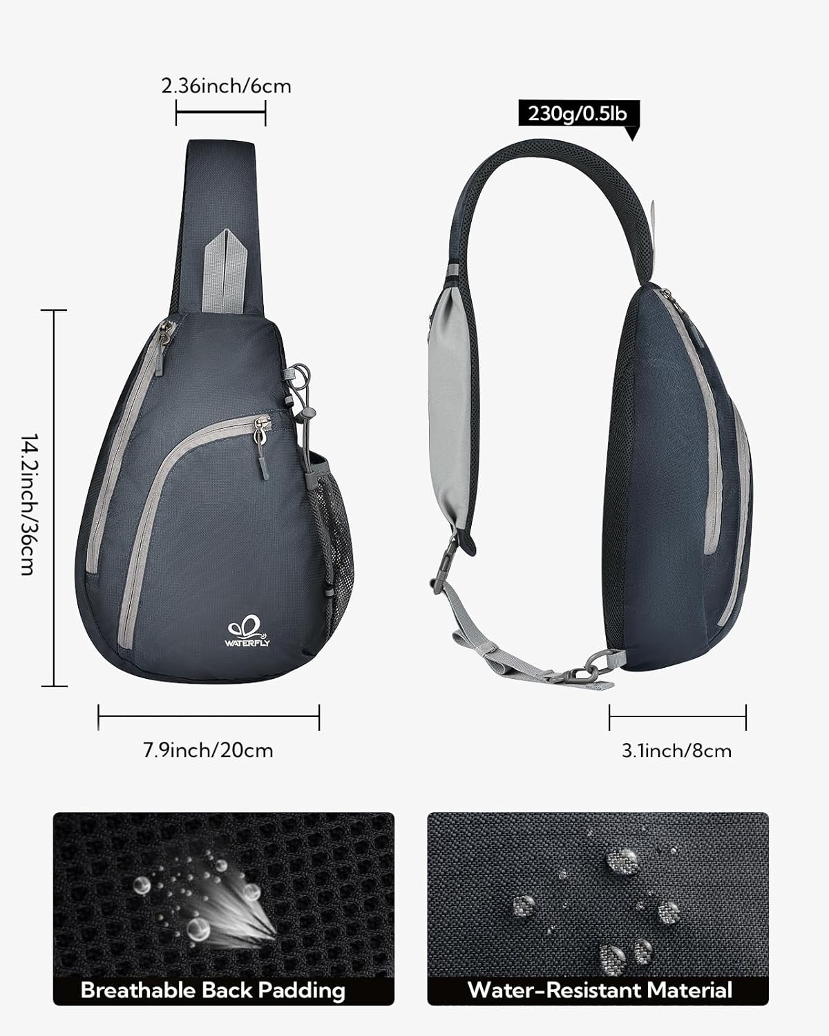 WATERFLY Crossbody Sling Bag Small Water Resistant Backpack Lightweight Shoulder Chest Daypack for Men Women Hiking Travel