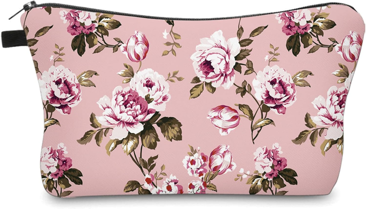 Cute Travel Makeup Bag Cosmetic Bag Small Pouch Gift for Women (Flowers Blush Pink)