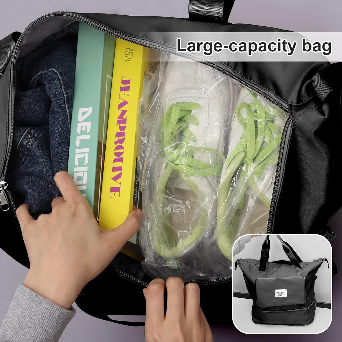 Large Capacity Folding Travel Tote Bag, Oxford Fabric Waterproof Lightweight Foldable Travel Duffel Bag, Portable Expandable Travel Bag, Dry and Wet Separation Carry On Bag for Airplanes