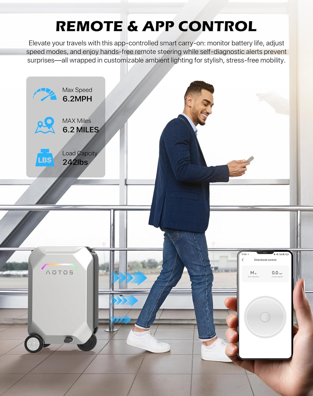 Smart Rideable luggage-Roller carry-on luggage 22x14x9-TSA,Airline-Approved 22 inch Hardshell,Zipperless Travel Suitcase with Rolling Wheels,App Control-Cabin Suitcase for Airport Travel(Silver)