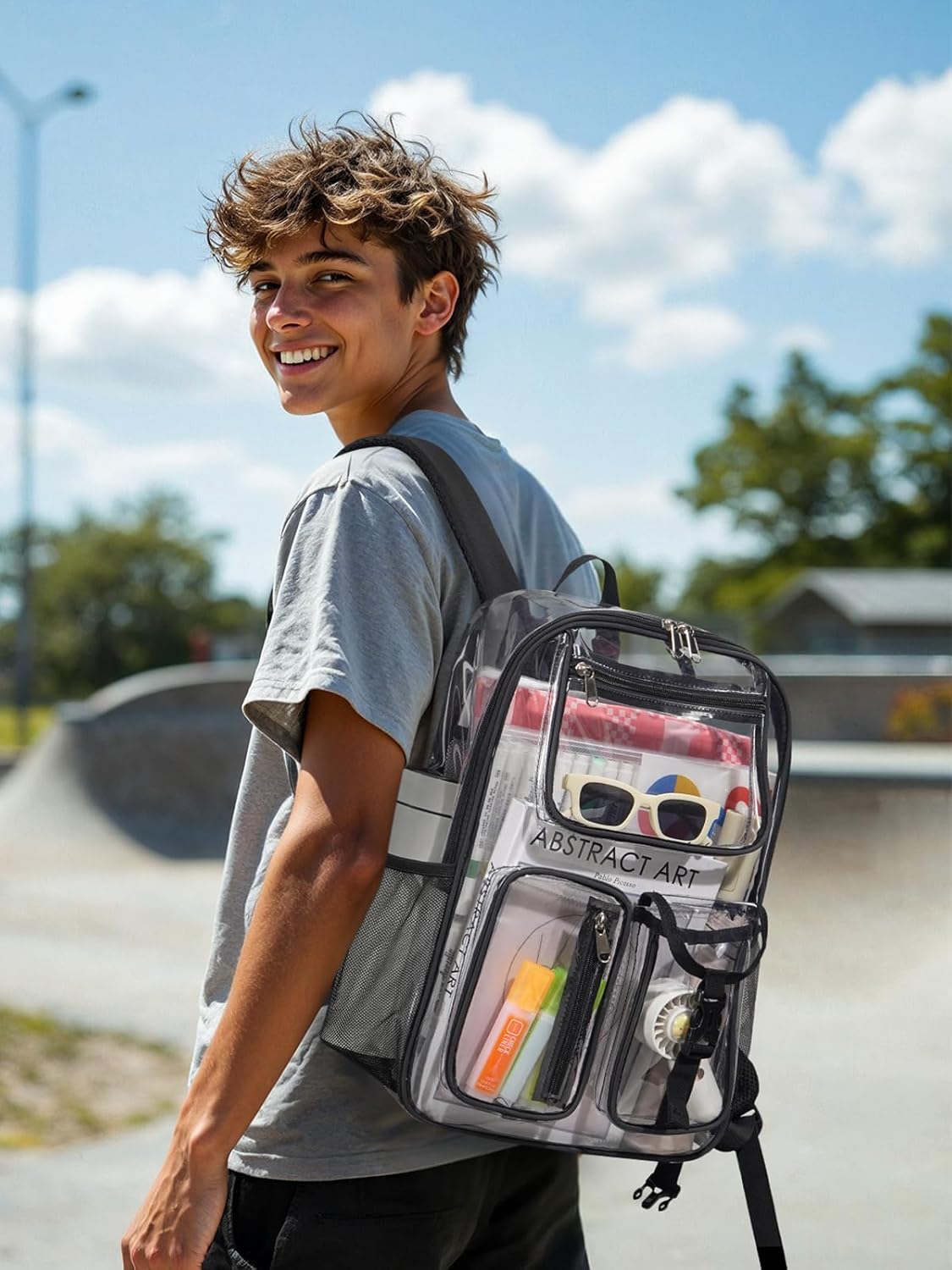 Heavy Duty Clear Backpack For School, 17 Inch Large Clear Bookbag For Kids Boys Girls Women Men, 360° 3M Reflective Strips See Through Backpack, Multi-Pockets Tranparent Bag, College Work, Black