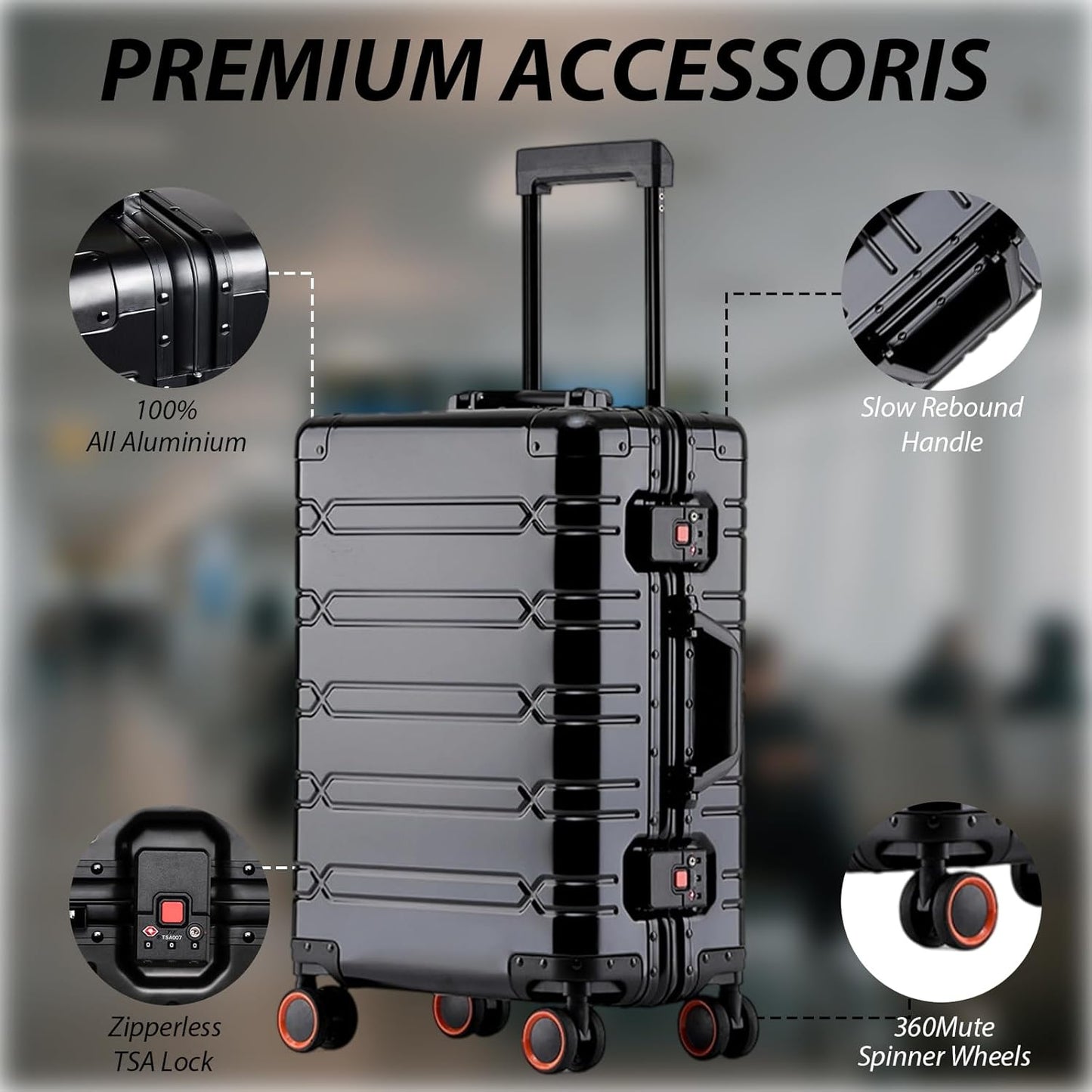 Tmore Aluminum Frame Luggage with Spinner Wheels, with TSA Locks Hard Shell Suitcase, Business 24" Black M