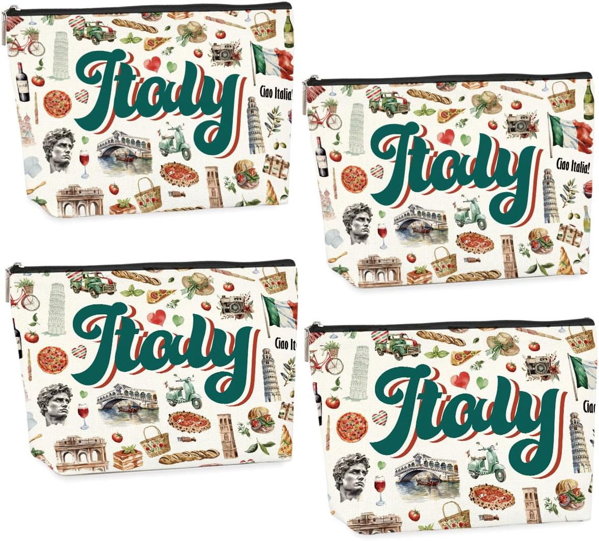 4PCS Italy Travel Essentials Italian Gifts Makeup Bag Cosmetic Bag for Women Friend Lady Sister Bestie Italy Travel Lover Weekend Bag Vacation Christmas Birthday Friendship