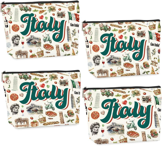4PCS Italy Travel Essentials Italian Gifts Makeup Bag Cosmetic Bag for Women Friend Lady Sister Bestie Italy Travel Lover Weekend Bag Vacation Christmas Birthday Friendship