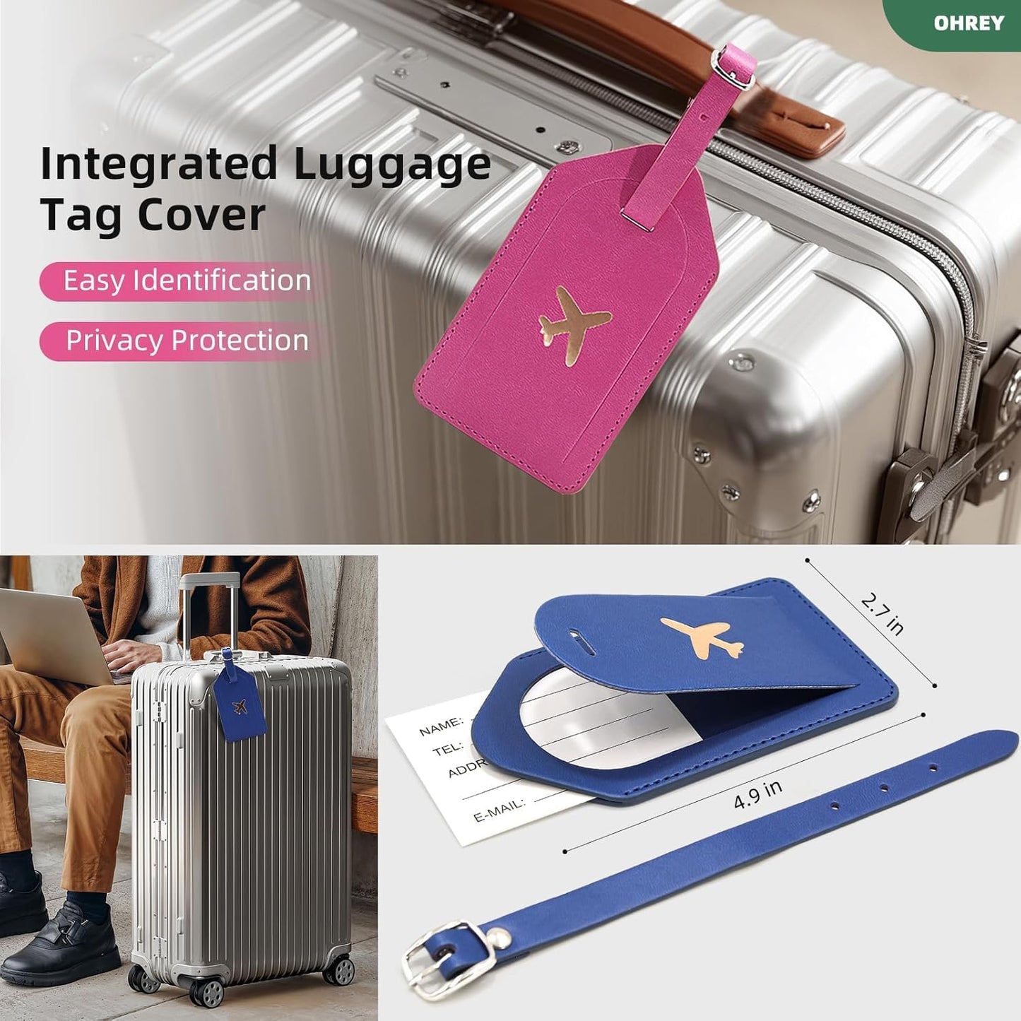 2 Pack Passport Holder for Travel with Slot for Tracker Device & Luggage Tag Cover, RFID Blocking Passport Holder for Women & Men | PU Leather Passport Cover Case with Pocket, Blue & Pink