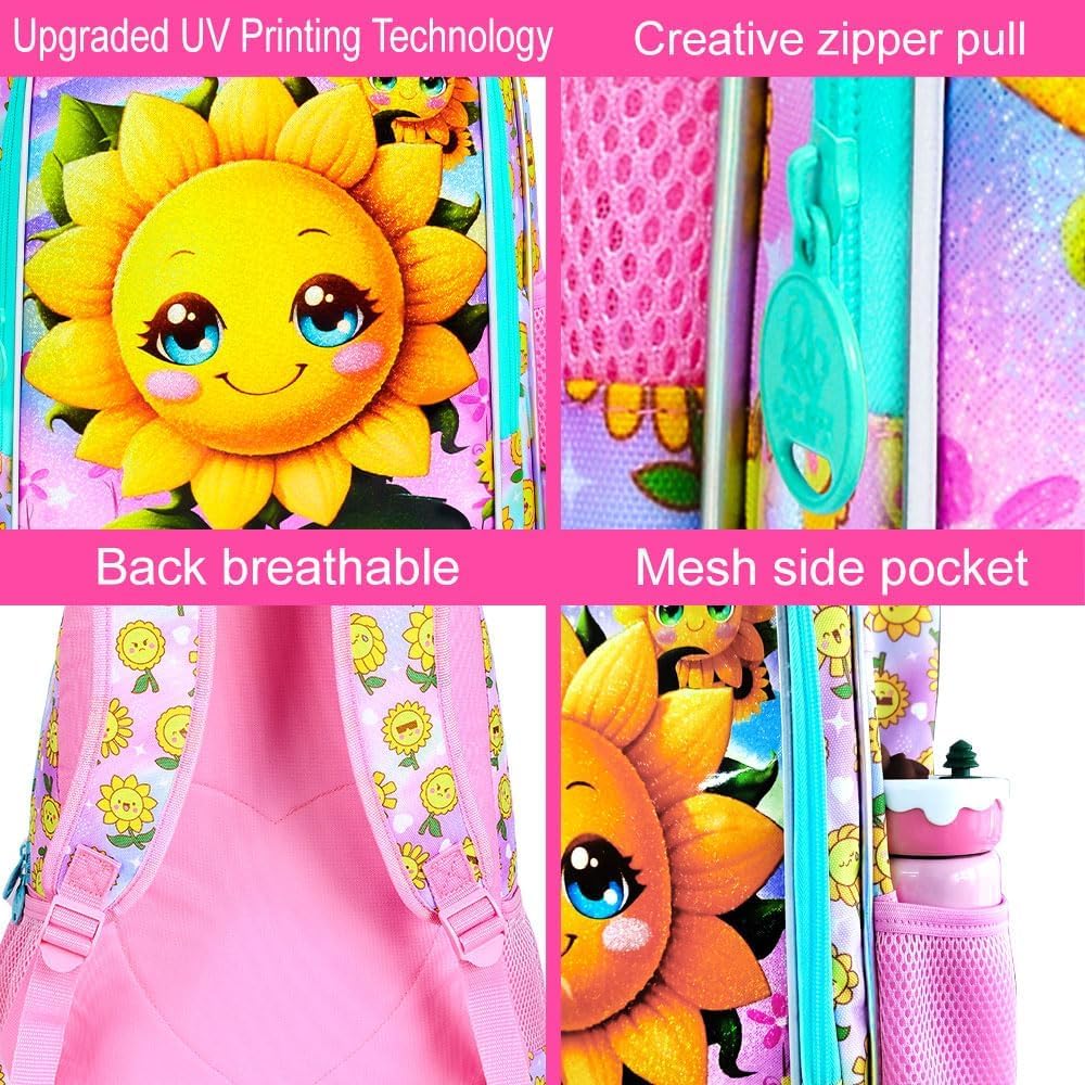 KLFVB 3PCS Smiling Sunflower Bookbag for Girls, Water Resistant Kids Backpack with Lunch Box, 16" Preschool Backpacks for Elementary - Smiling Sunflower Pink