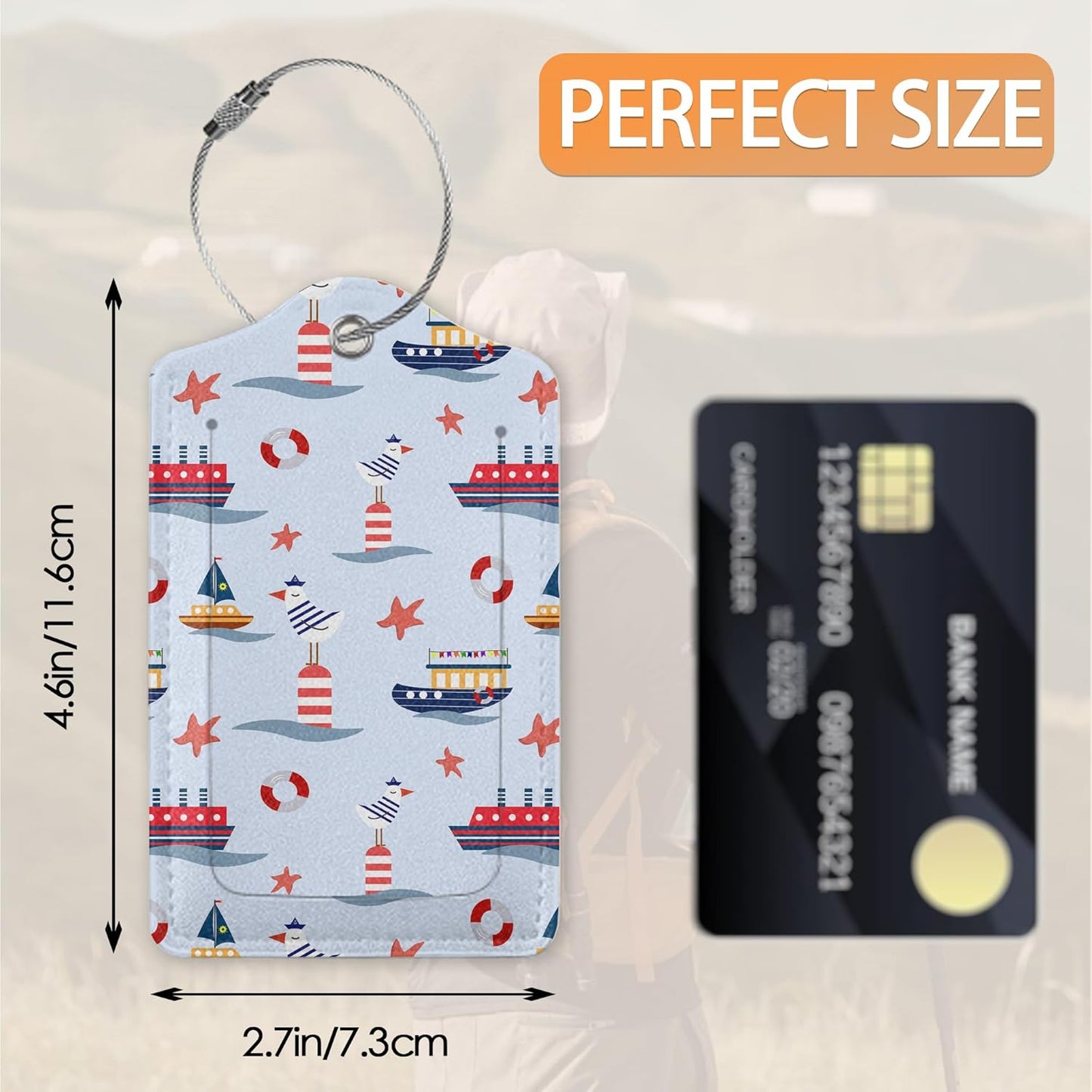 Marine Ships and Starfish Luggage Tags for Suitcase,Luggage Tag with Stainless Steel Loop Privacy Cover Id Label Travel Bag Luggage Identifiers for Women Men Travel,Set of 2