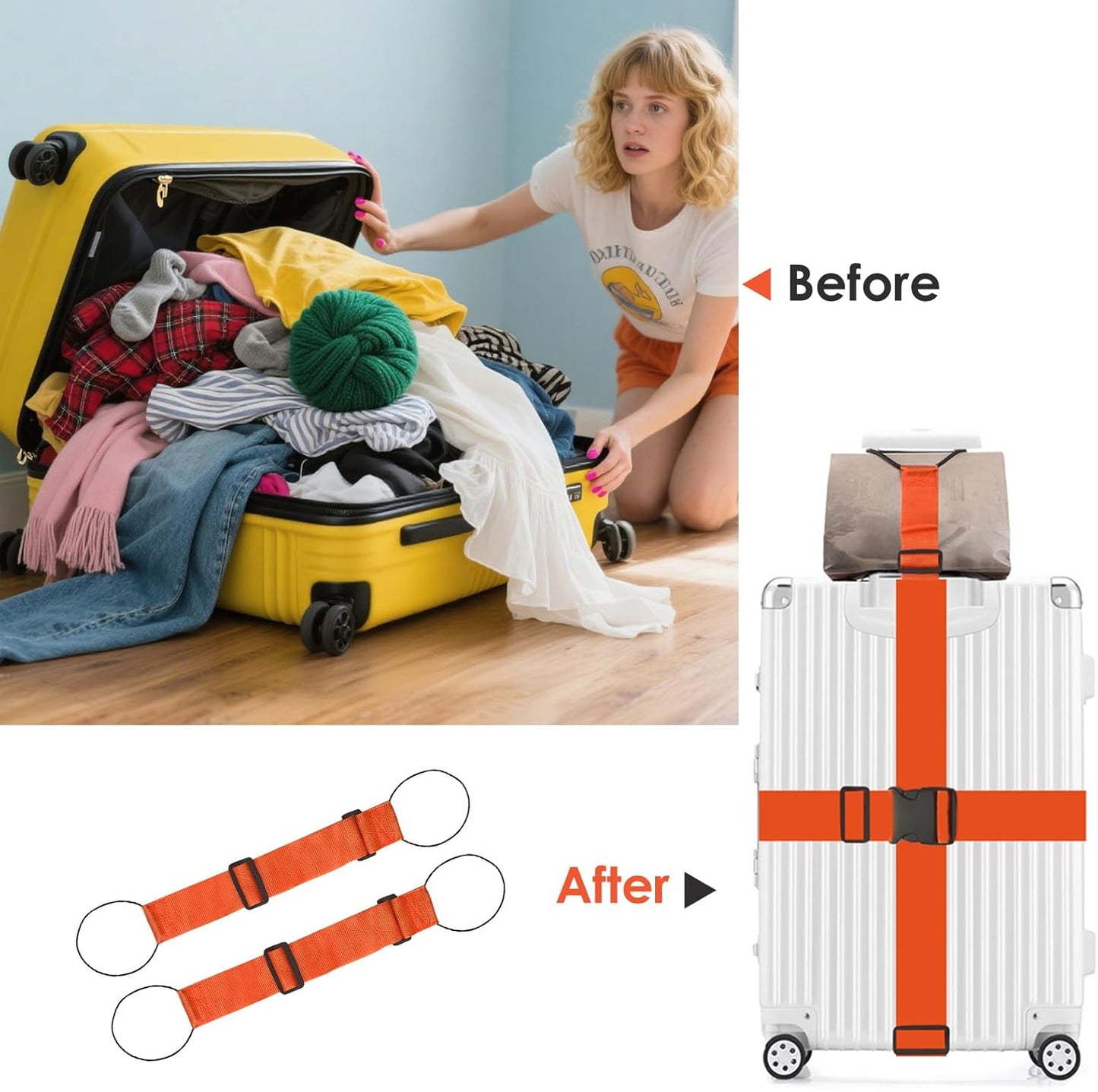 Adjustable Luggage Straps for Suitcases TSA Approved,6 Pack Suitcase Strap Travel Luggage Connector Belt for Bags,Luggage Tags for Suitcases，Luggage Straps to Connect Two Suitcases(Orange)