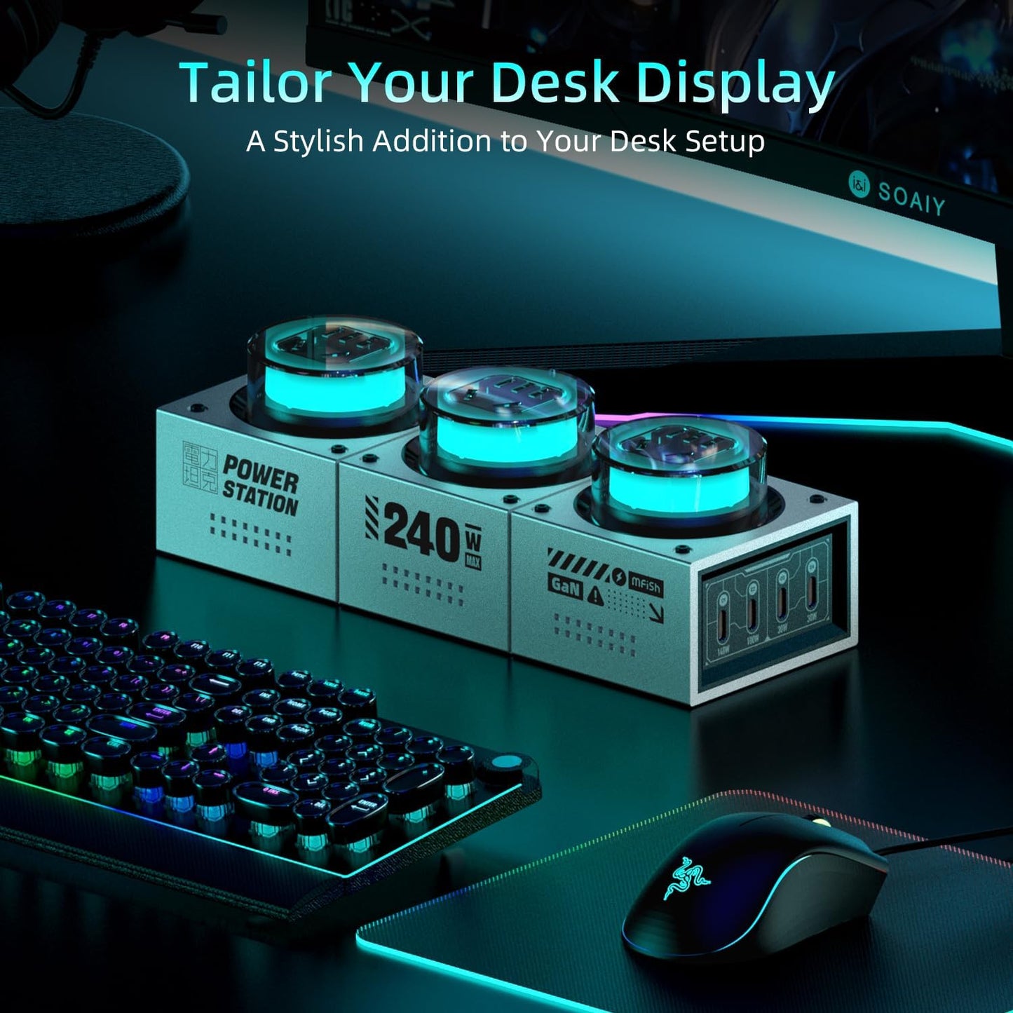 Mfish 7-in-1 Fast Charging Station, 240W GaN Desktop Charging Station with RGB Ambient Lighting USB-C Charger Block, 4 USB-C and 3 Outlets for Multiple Devices, Stable Power for Esports Equipment