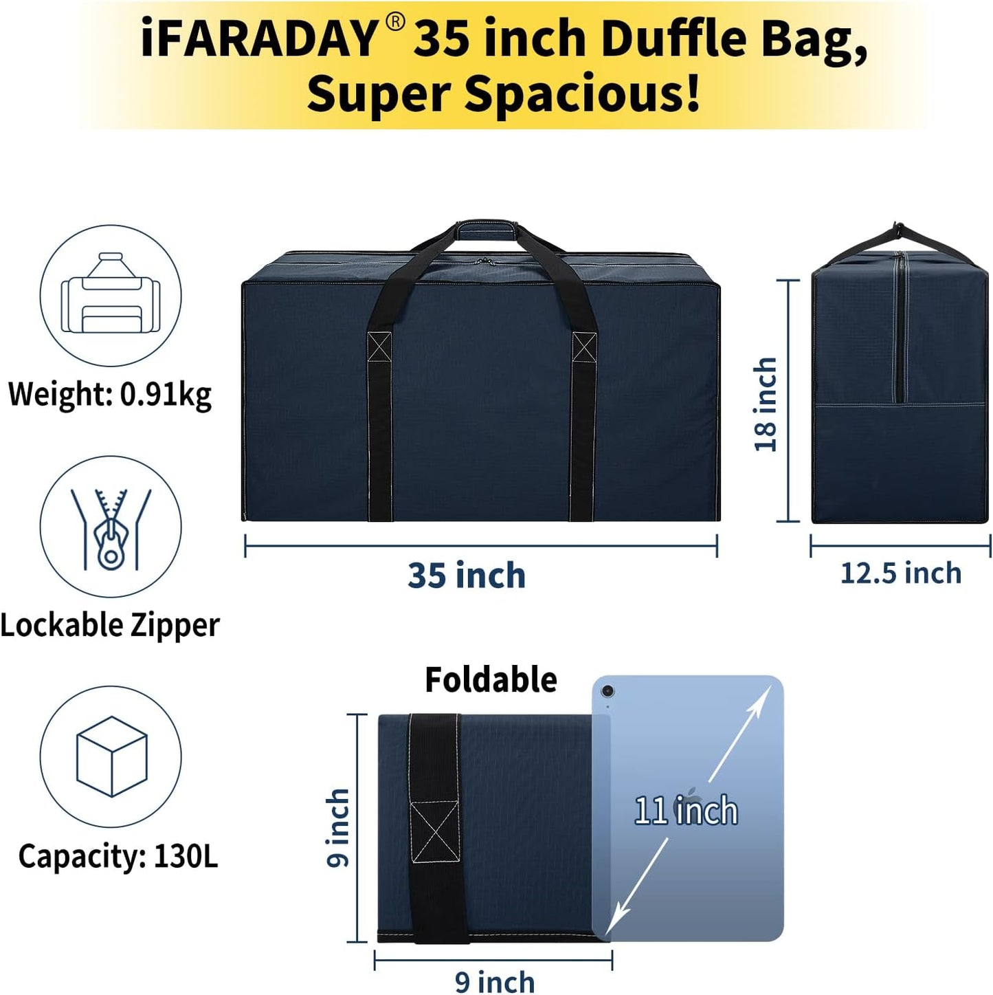 130L Extra Large Duffle Bag - 35 inch Heavy Duty & Water Resistant Duffel Bag Durable Luggage Storage Bag for Camping, Travel, Sports (Navy Blue)