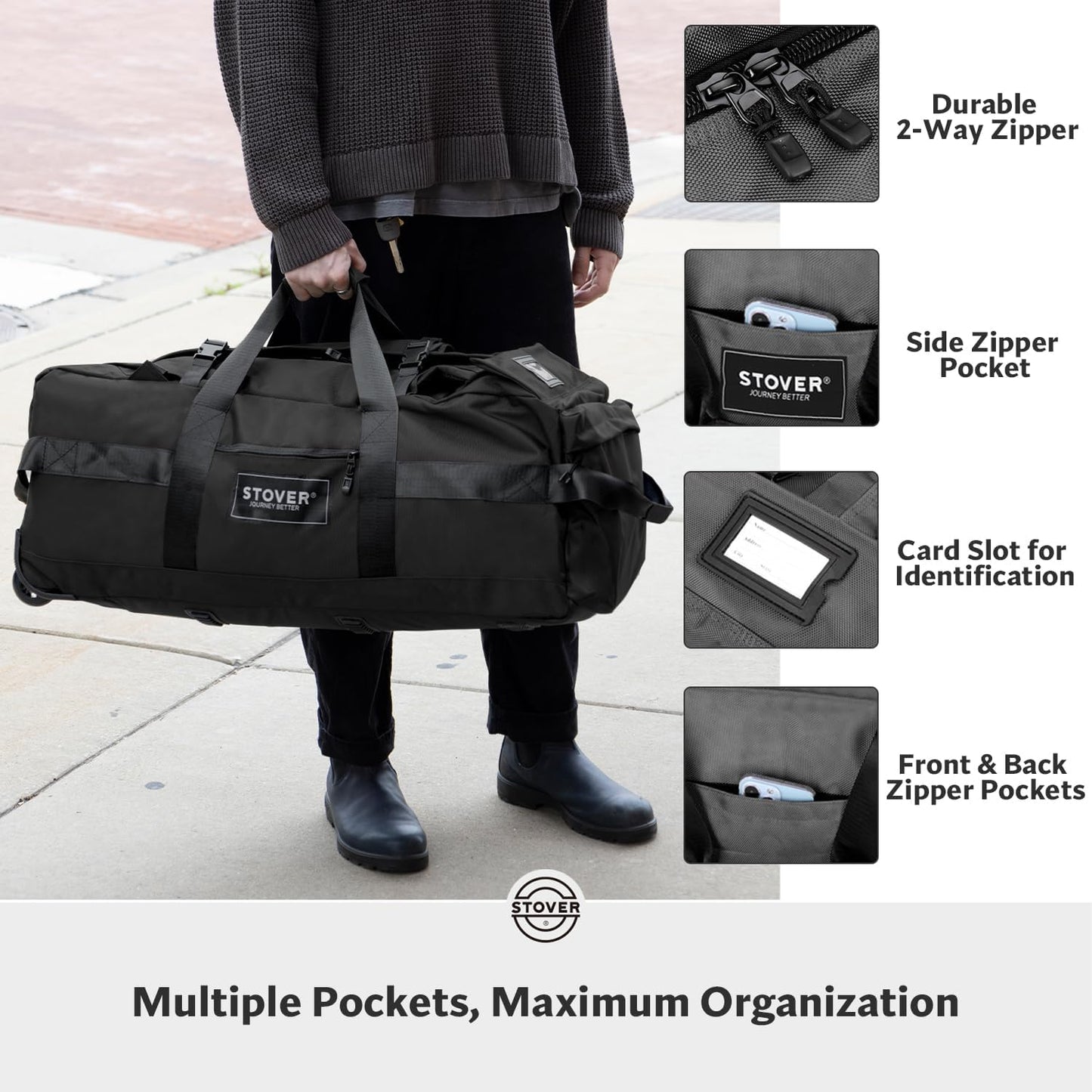 STOVER 80L Rolling Duffel Bag with Wheels, Large Durable Travel Duffle + Toiletry Bag, Heavy Duty, Packable, Foldable with Shoulder Straps- Use as Luggage or Backpack, Men/Women (Black)