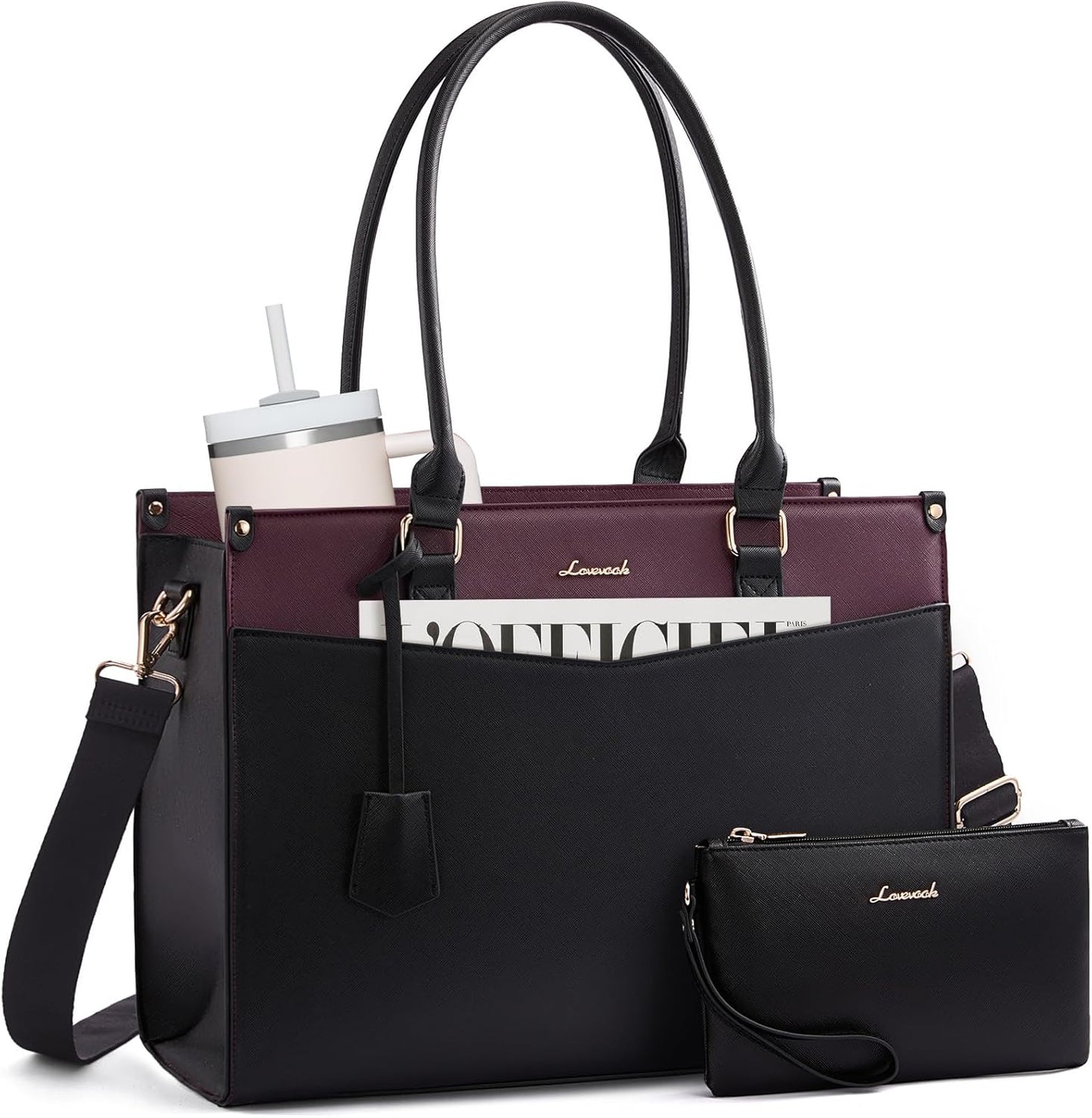 LOVEVOOK Laptop Bag for Women, 2-in-1 Tote Purse with Clutch & Cup Holder, Waterproof Briefcase for Work Travel