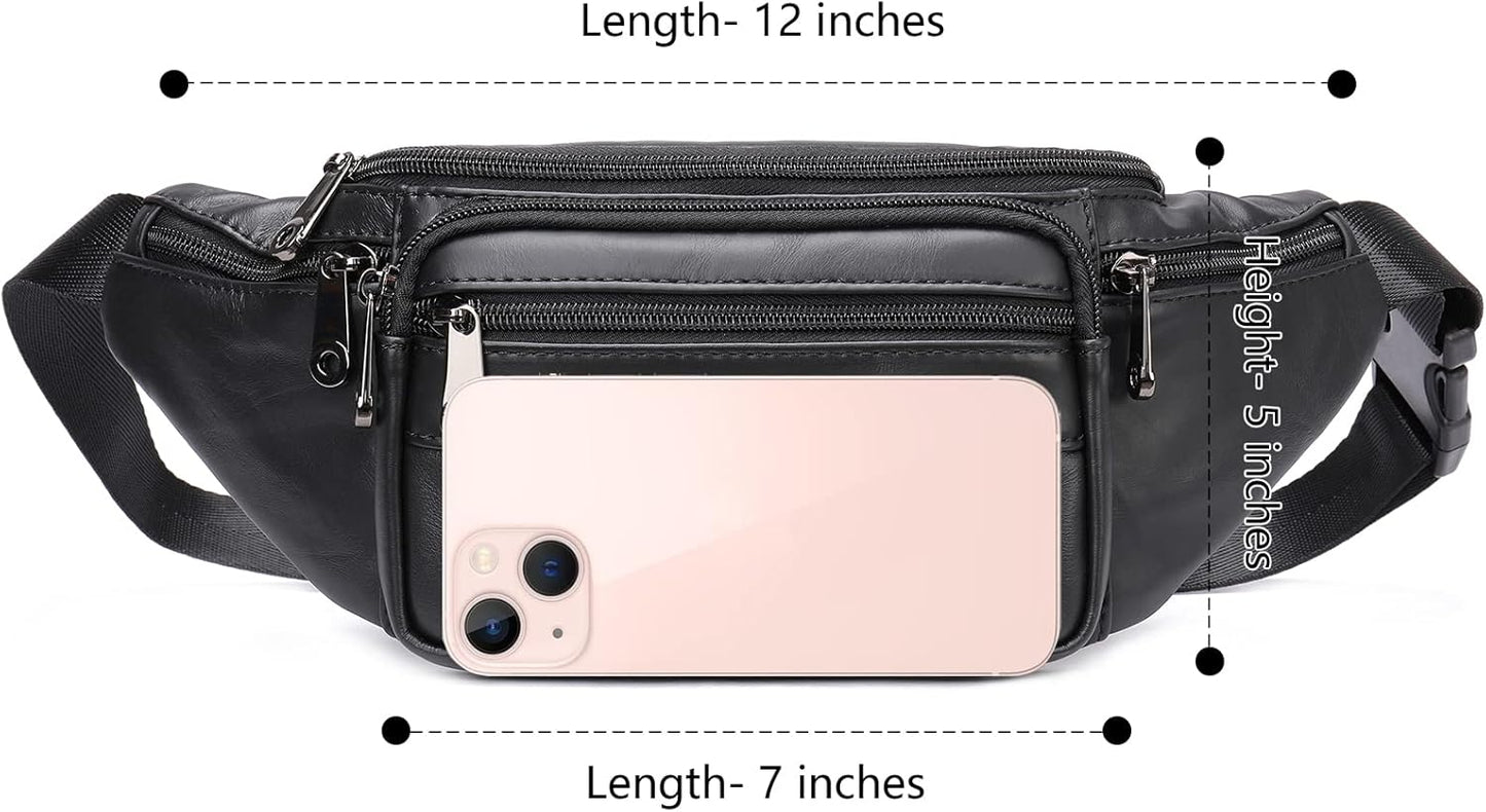 Genuine Leather Fanny Pack HandMade Durable cowhide Waist Bag Lots of Anti-theft zipper pocket Black