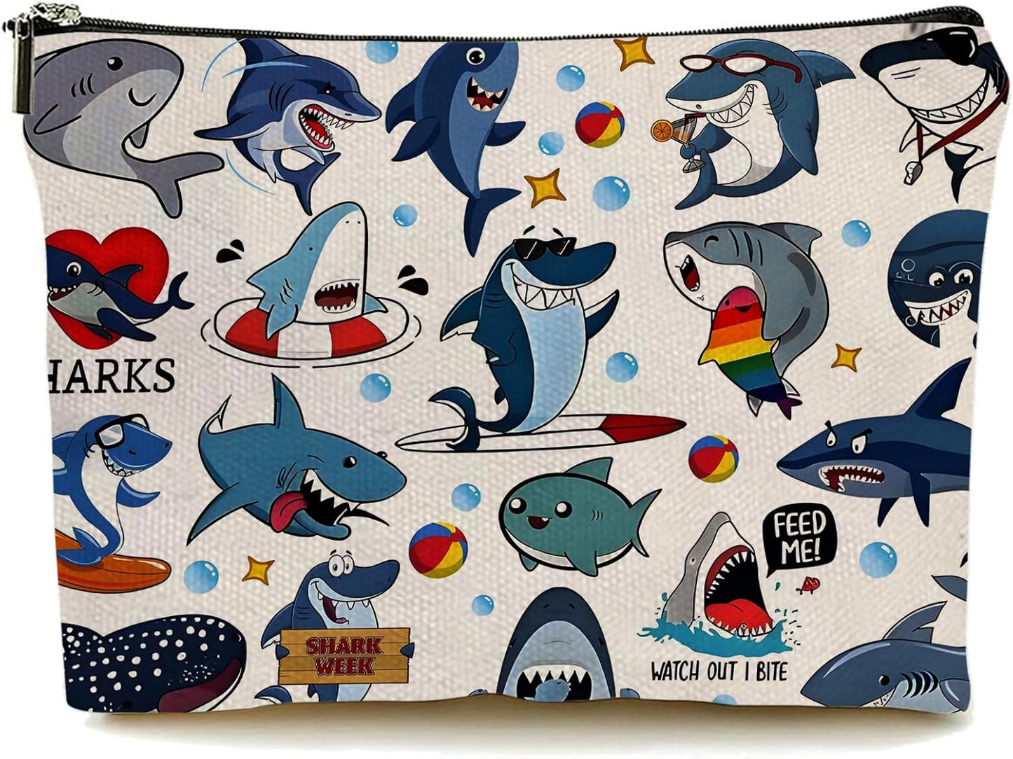 DOOX Blue Shark Makeup Bags with Lining, Funny Cosmetic Bags Pencil Pouch - Double-Sided Print - Cute Birthday & Christmas Gifts for Daughter, Sister, Women