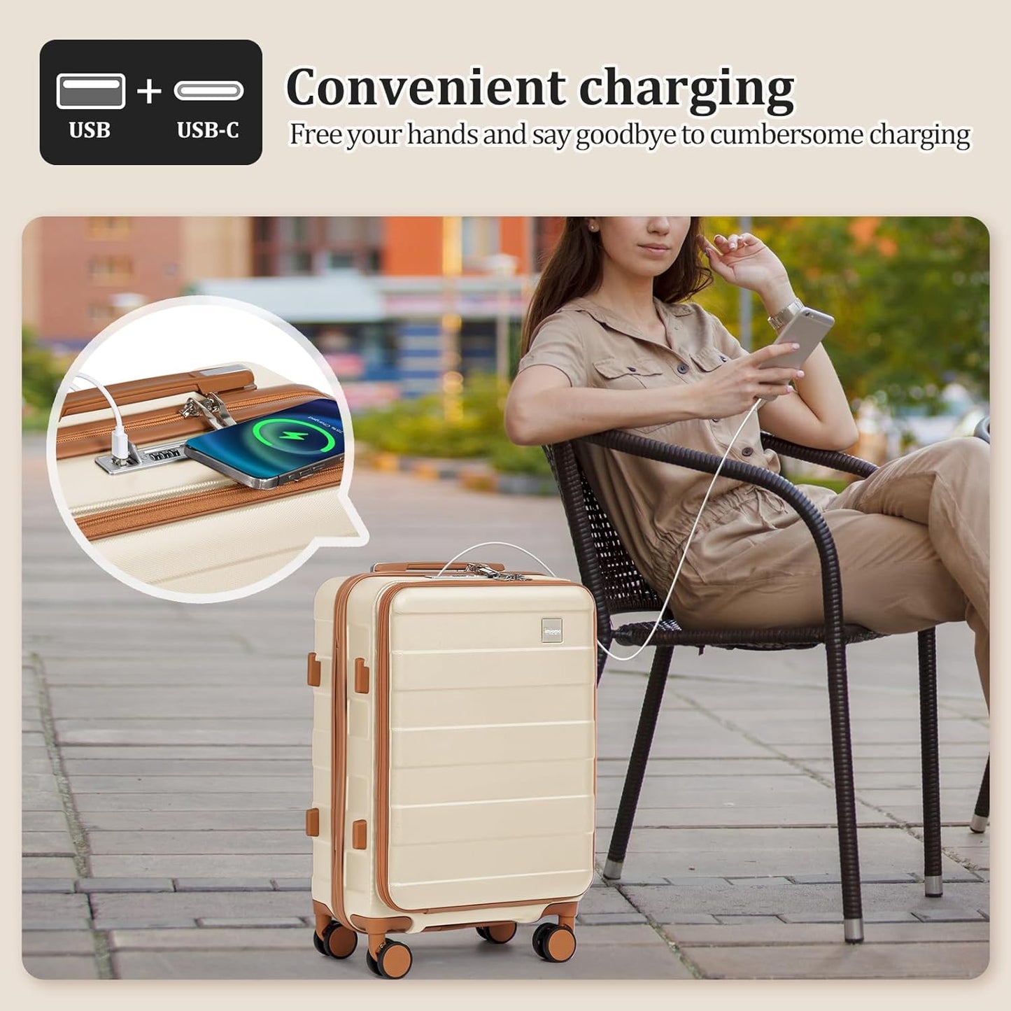 imiomo Carry on Luggage Airline Approved with TSA Lock, Hard Shell 20 Inch Travel Carry-on Suitcase with Spinner Wheels and Charging Port, White