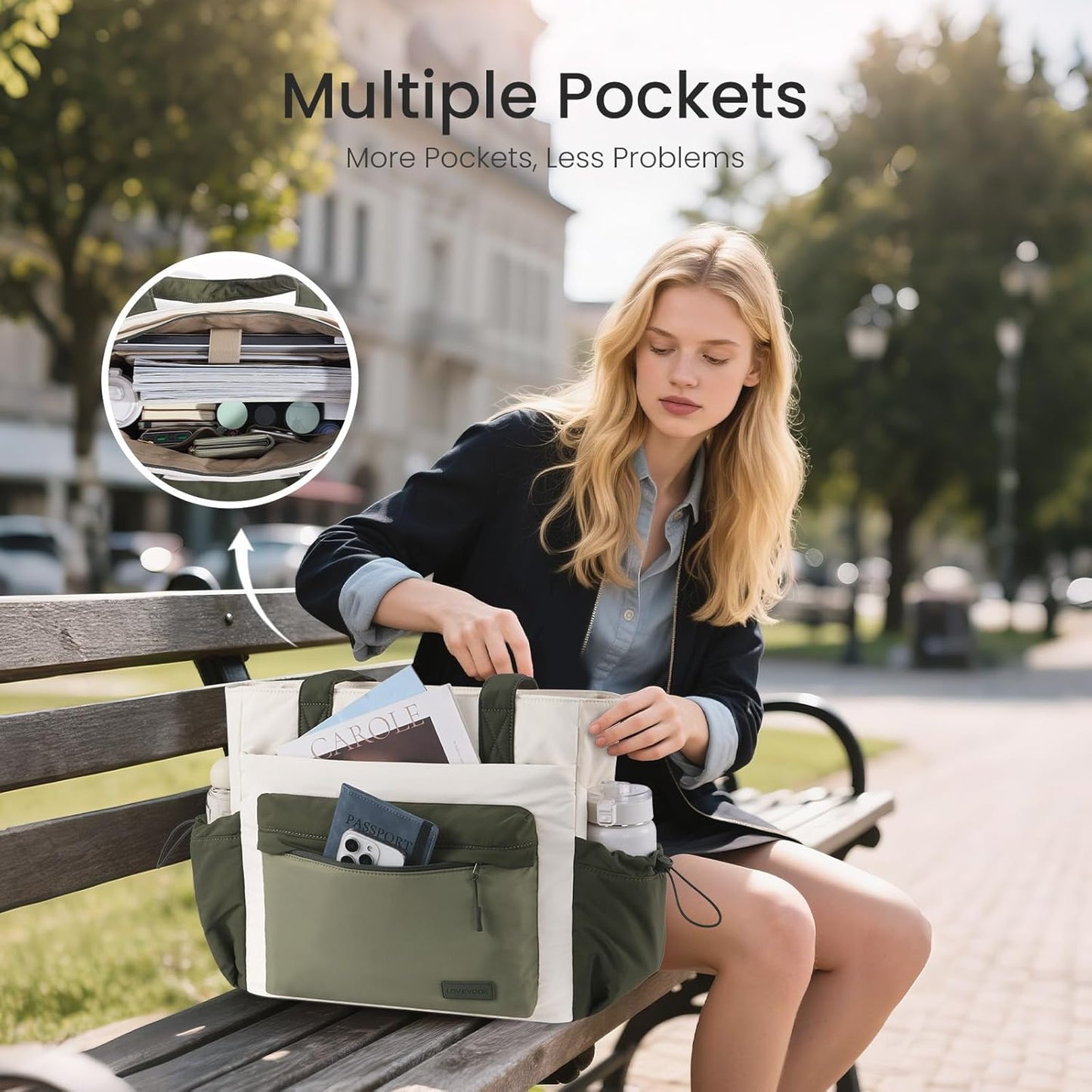 LOVEVOOK Tote Bag for Women, Puffer Work Tote with Zipper, Compartments, Travel Handbag for Nurse, Teacher, Daily Use, Gym