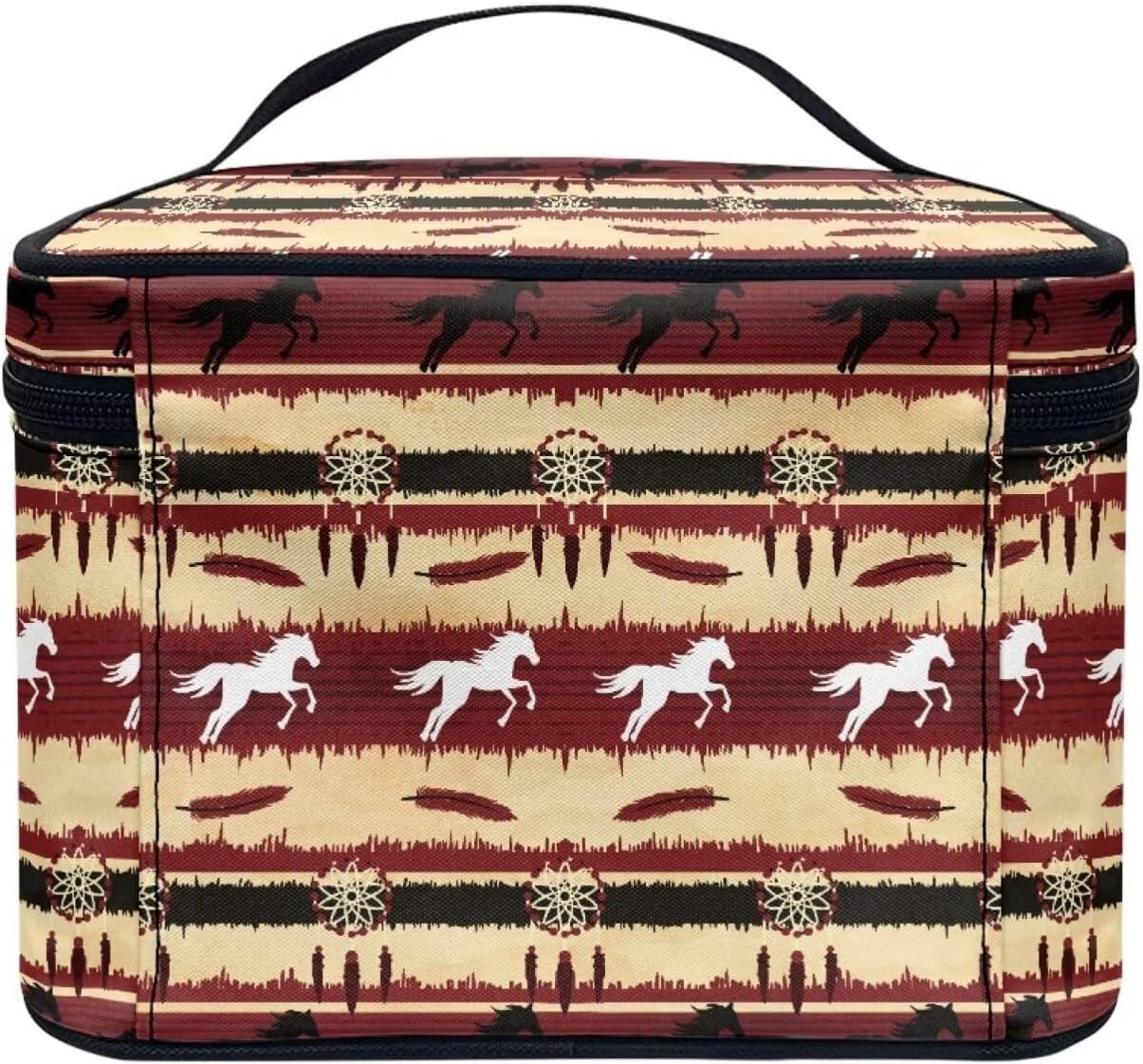 JoyLamoria Aztec Horse Makeup Bag Portable Cosmetic Bag Large Capacity Handbag Wallet Coin Purse Pouch with Handle