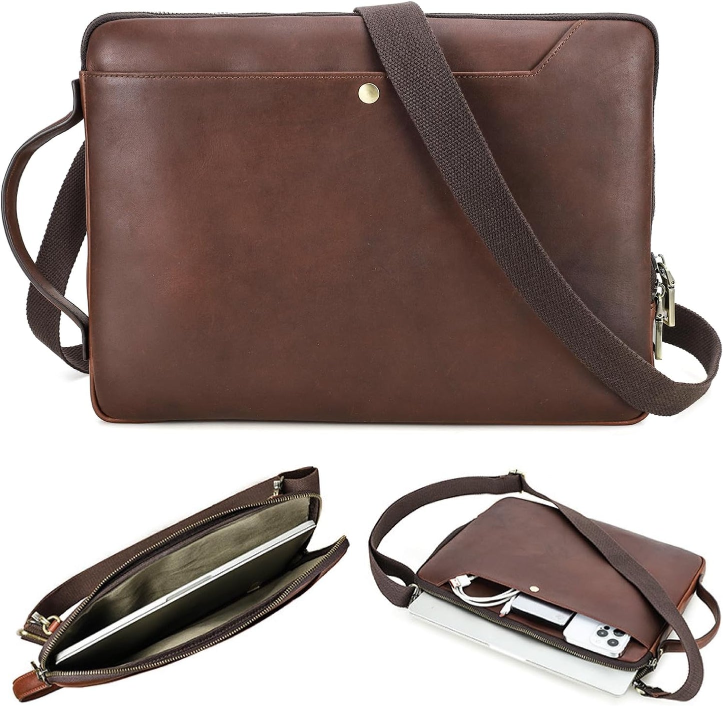 Top Grain Leather 14.2" Slim Laptop Bag Case, Handmade, Adjustable Strap & 2 Pockets, Compatible