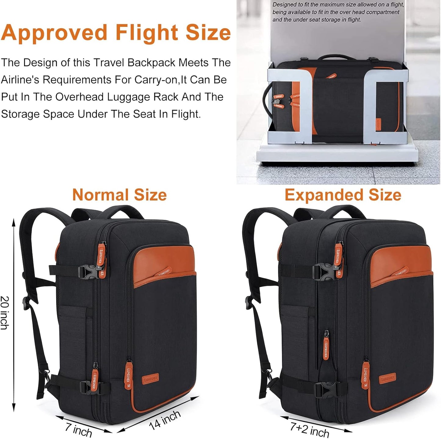Lumesner Carry on Travel Backpacks, Extra Large 40L Flight Approved for Men & Women,Expandable Suitcase backpack (Black (Backpack With 4 Packing Cubes))