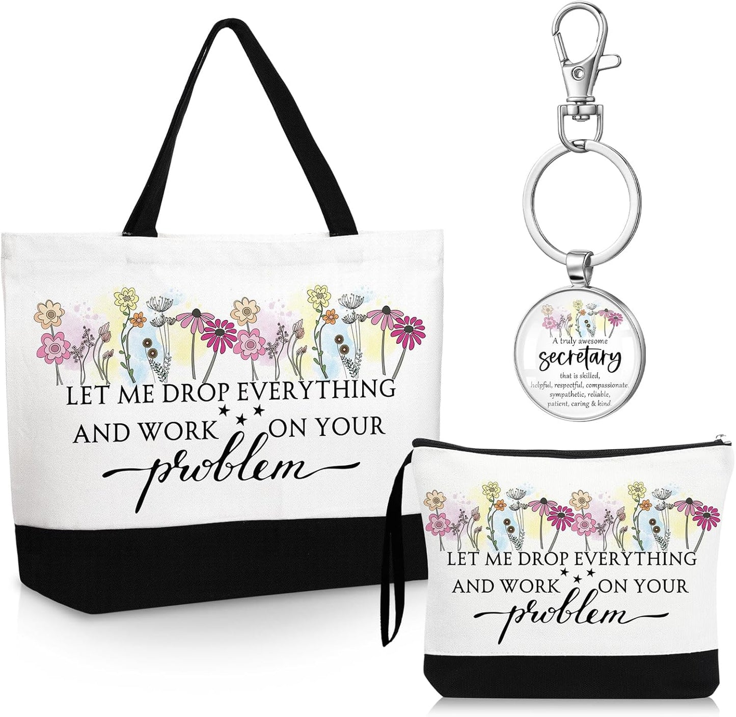 Kacctyen 3 Pcs Secretary Gifts Fine Canvas Tote Bag Administrative Assistant Makeup Cosmetic Bag Appreciation Keychains Gifts for Women Secretary Birthday